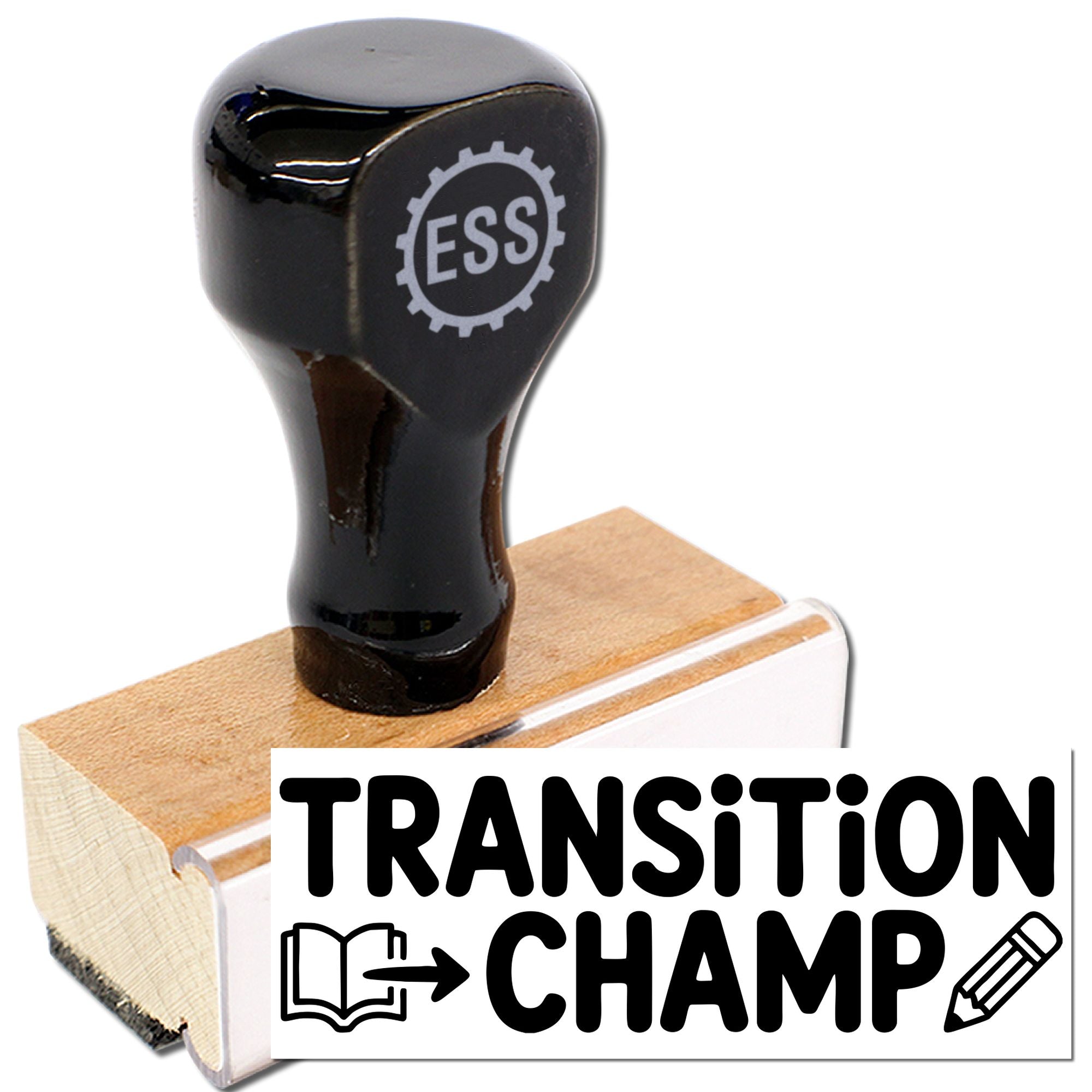 Black rubber stamp with ESS logo on wooden base and bold TRANSITION CHAMP imprint, white background.