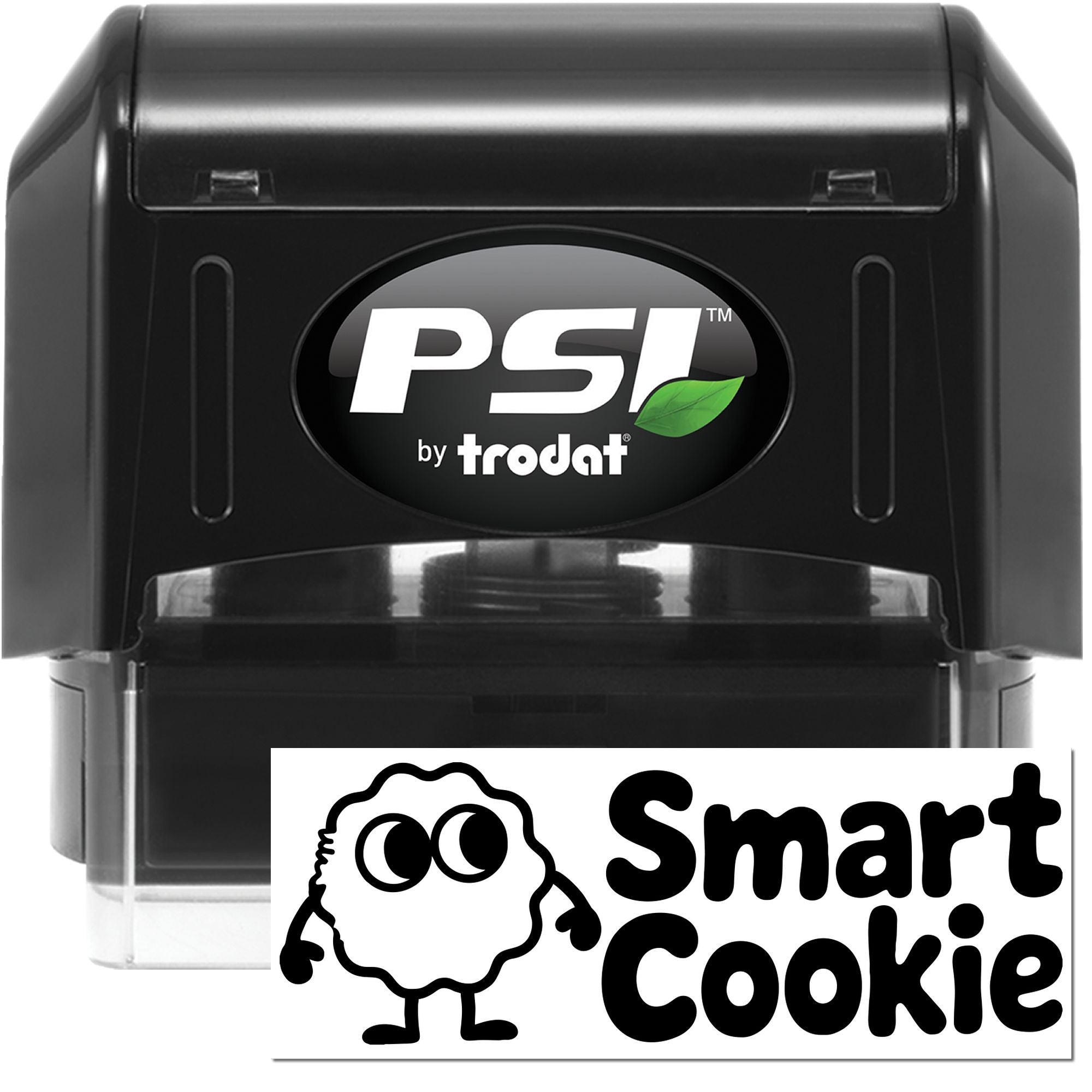 Black PSI by trodat self-inking stamp and seal with Smart Cookie design, green leaf logo, and white imprint.