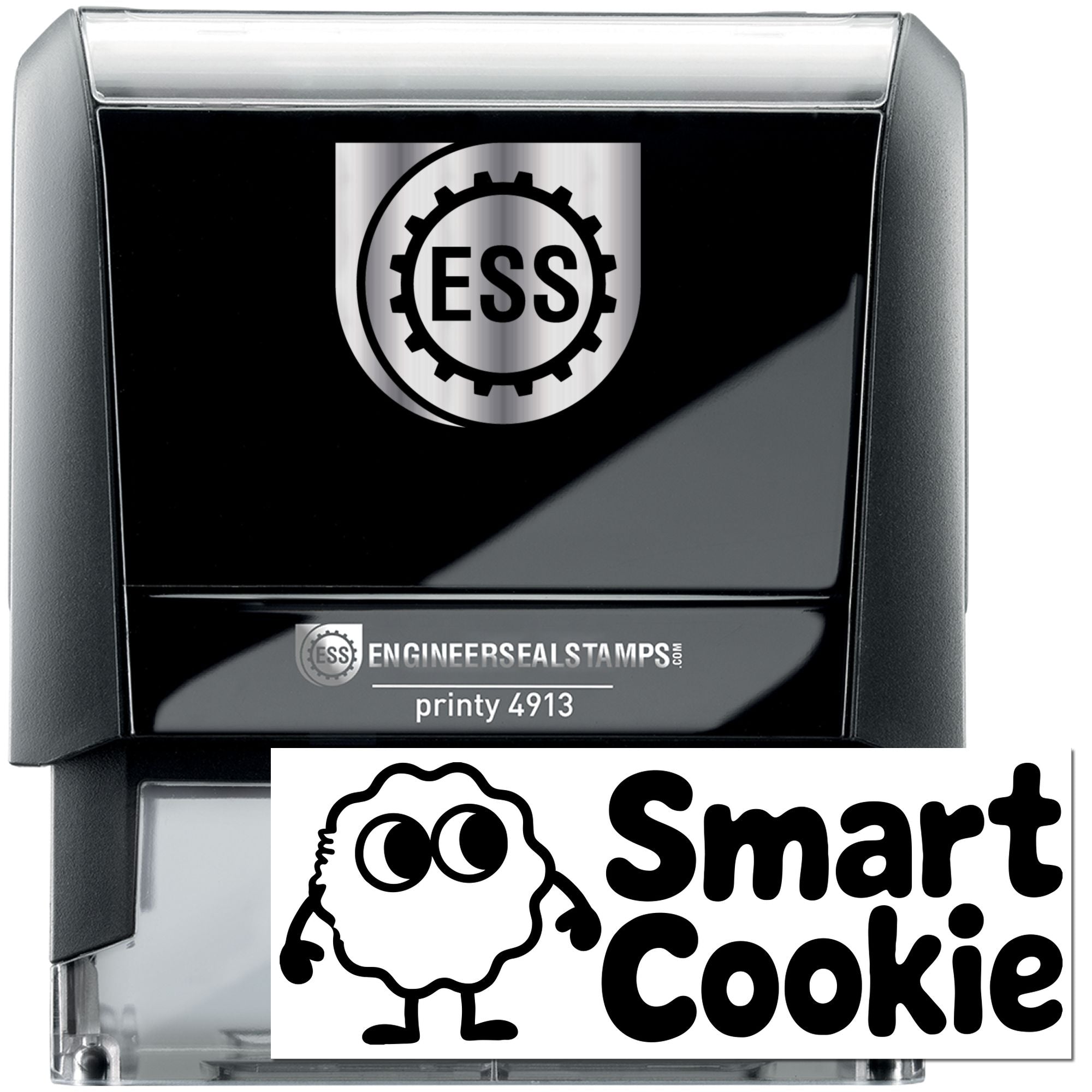 Black and silver ESS self-inking stamp with gear logo and Smart Cookie seal branding.