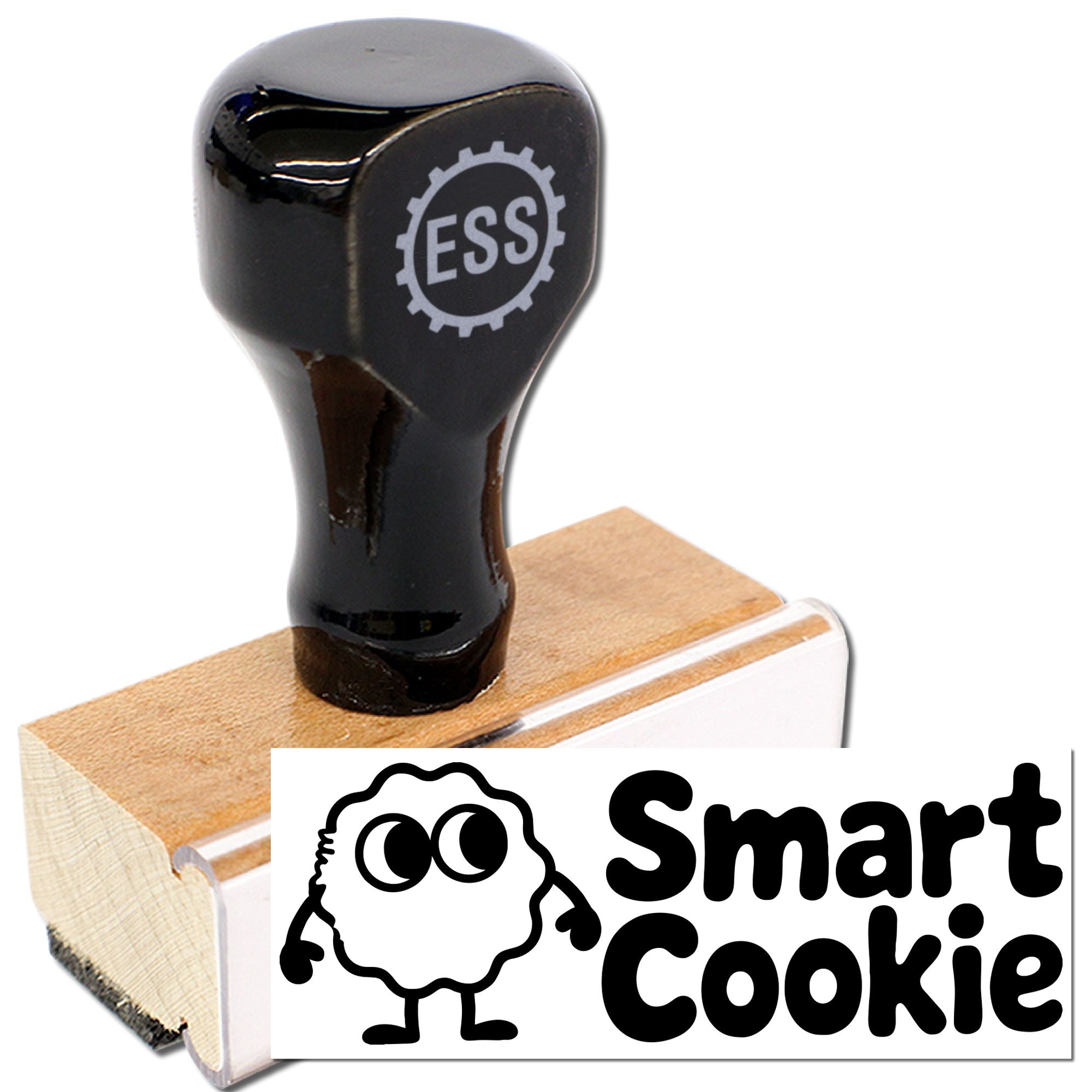 Black ESS rubber stamp on wooden block with Smart Cookie sheep seal graphic