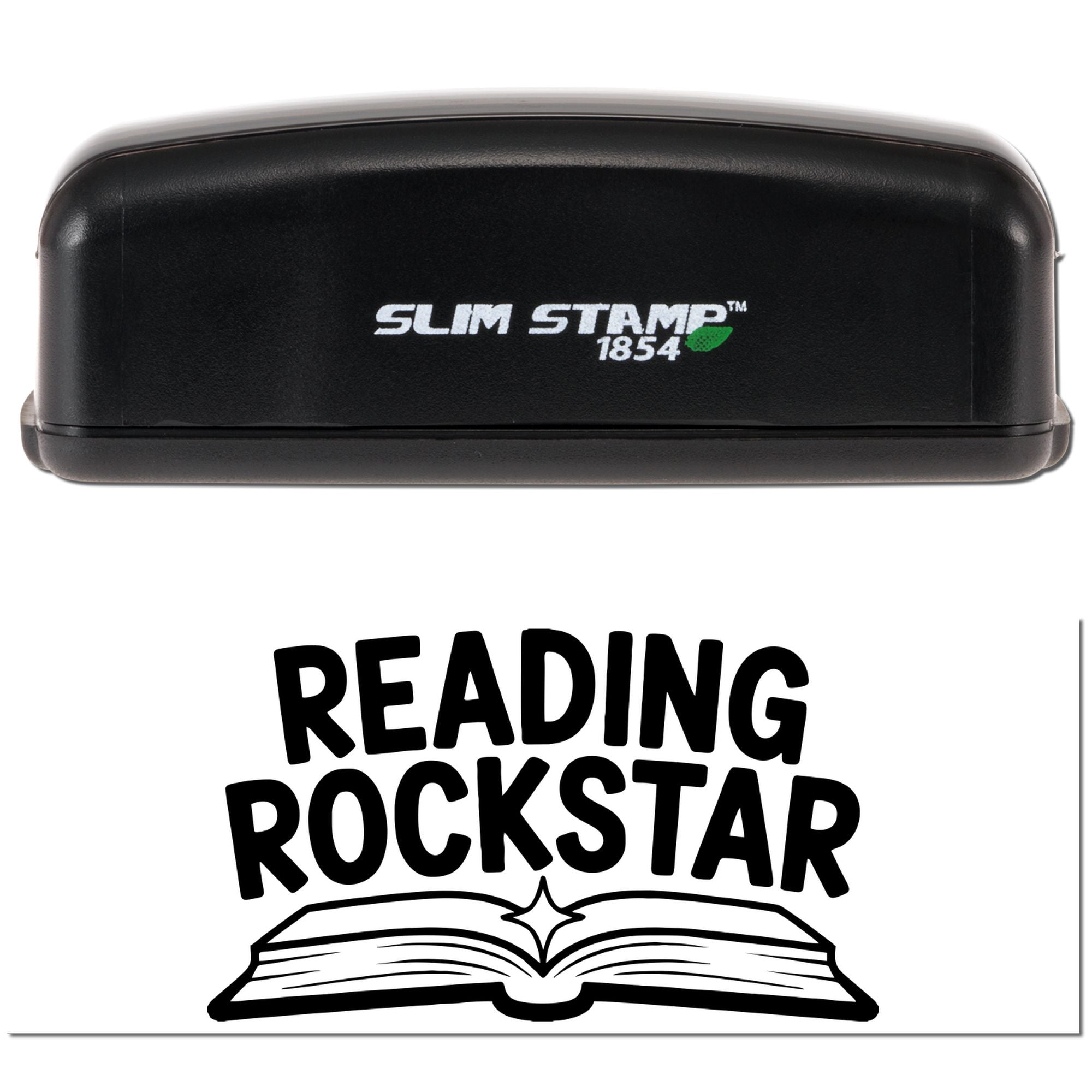 Black Slim Stamp 1854 self-inking stamp with green logo, plus Reading Rockstar book-themed rubber seal on white.