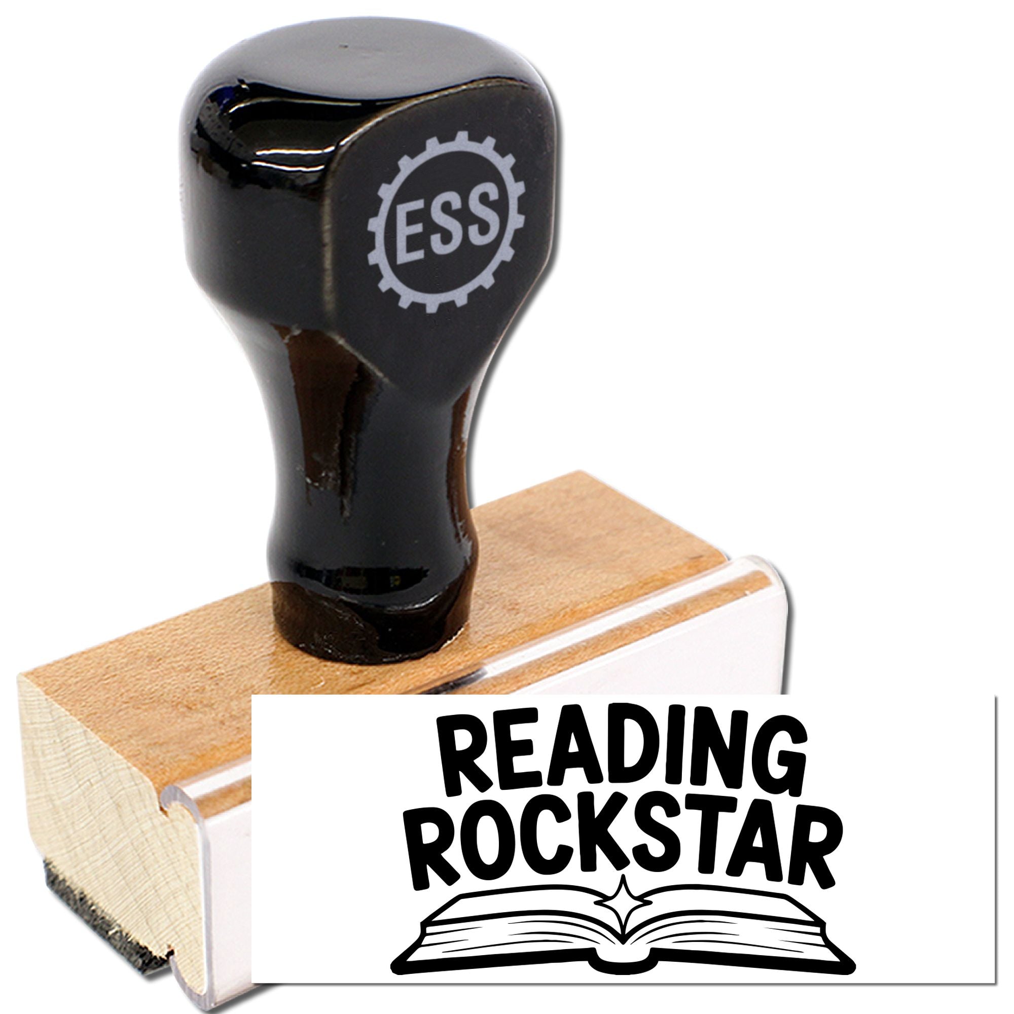 Black ESS self-inking stamp and seal with wooden base, featuring Reading Rockstar and an open book icon.