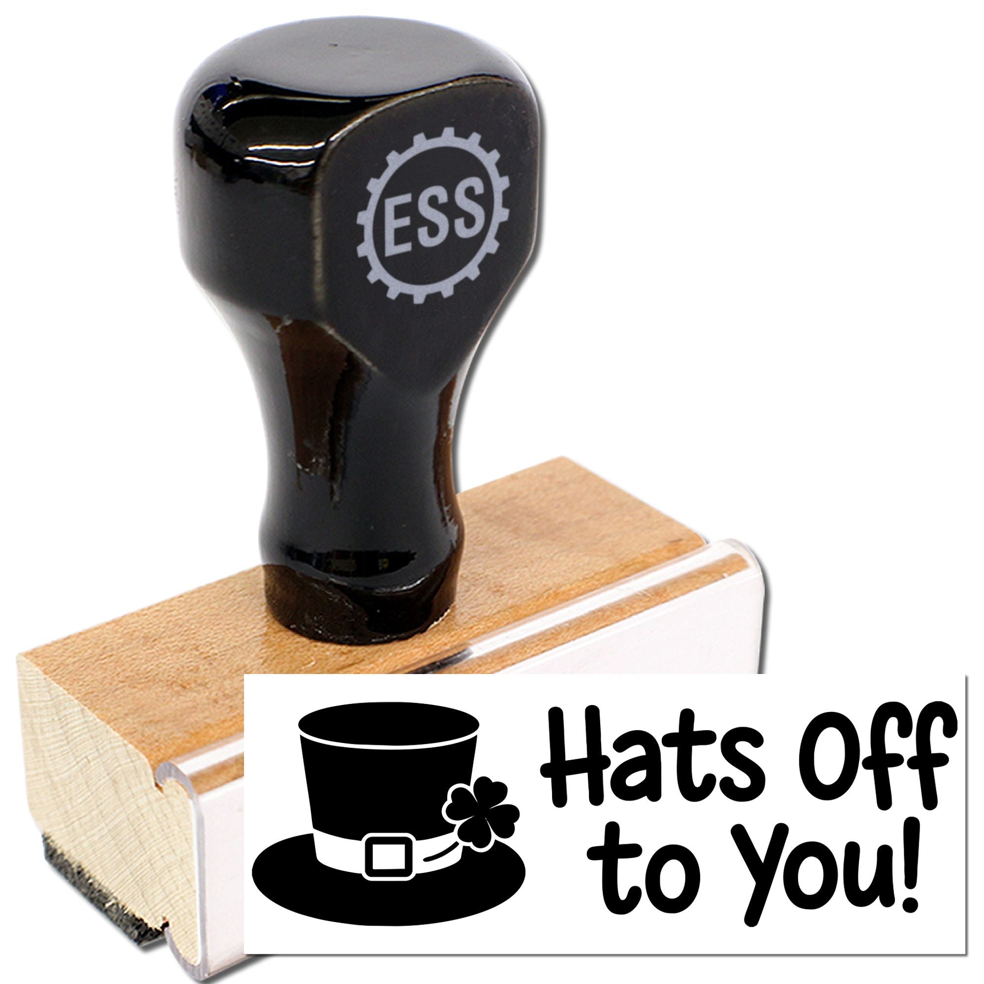 Black ESS stamp with wooden base and white seal reading Hats Off to You! with hat icon.