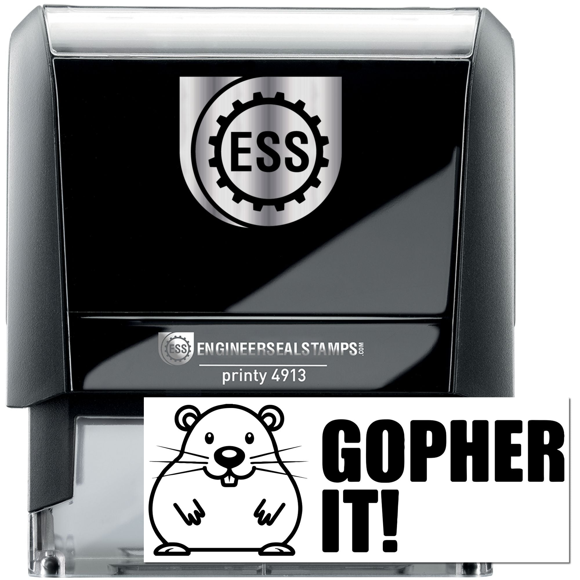 Black self-inking engineer seal stamp with silver ESS logo and custom gopher stamp reading GOPHER IT!