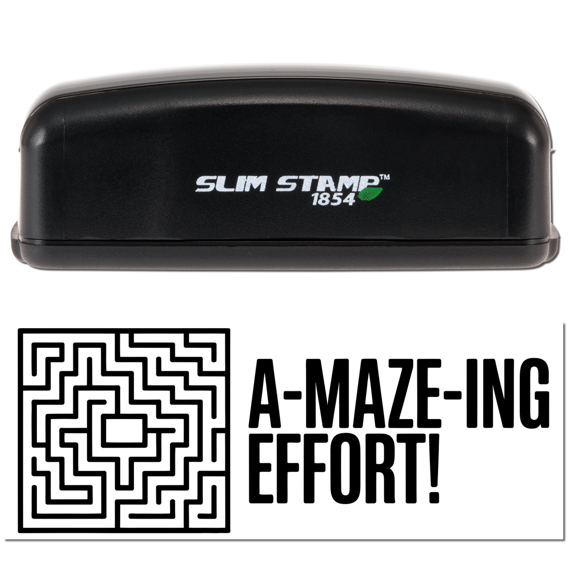 Black Slim Stamp 1854 self-inking stamp and A-MAZE-ING EFFORT! seal with bold black maze design.