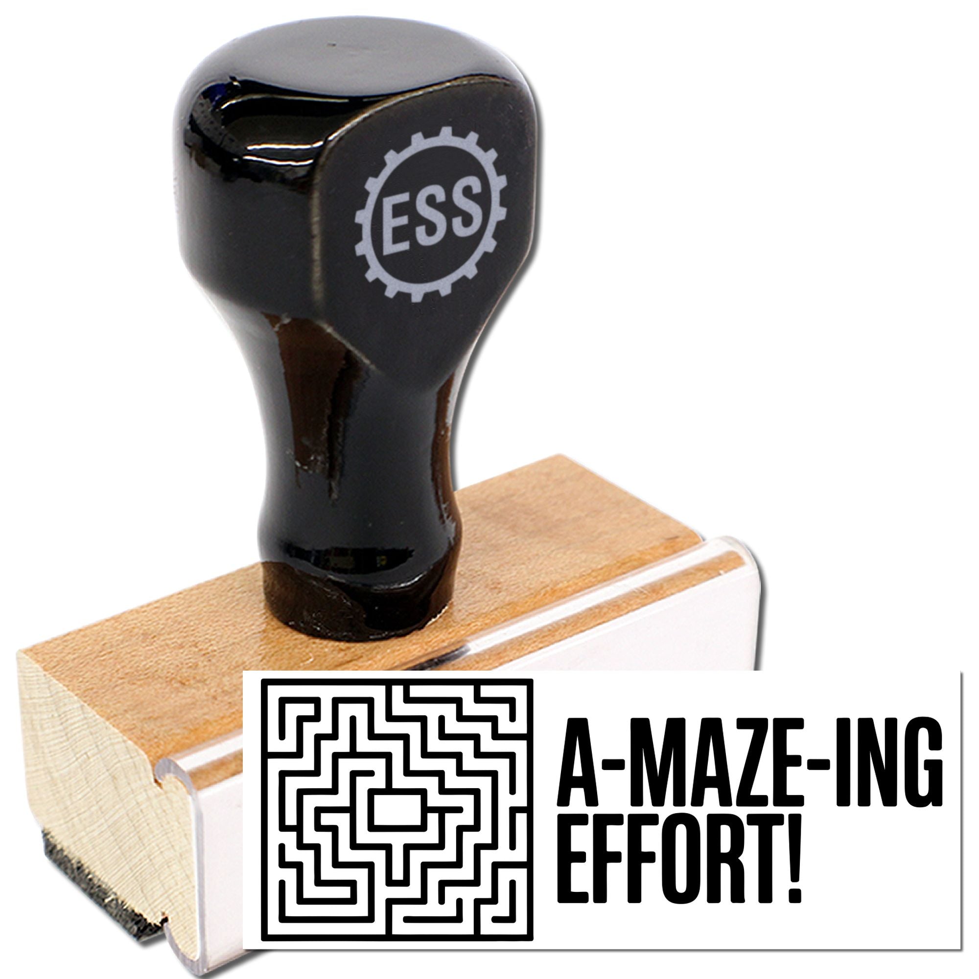 Black custom stamp and seal with ESS logo, wooden base, and white A-MAZE-ING EFFORT graphic.