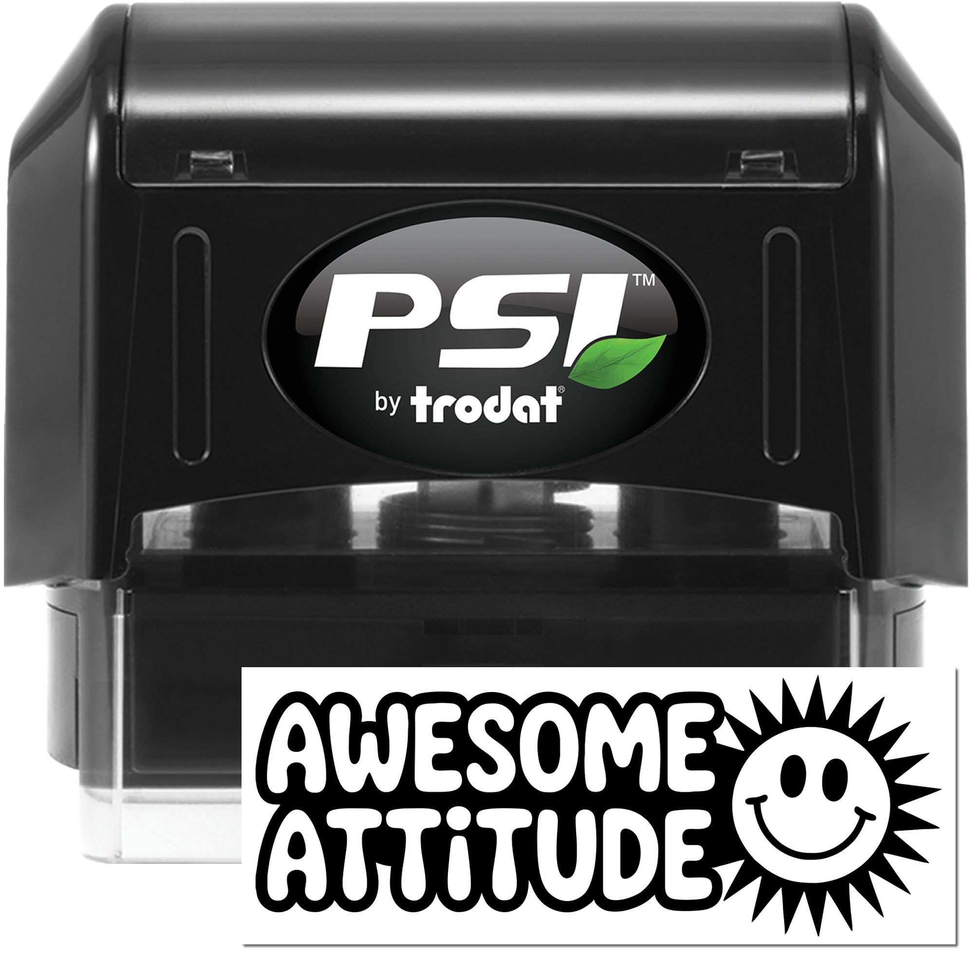 Black PSI by Trodat self-inking stamp and seal set with white Awesome Attitude design and smiley sun icon