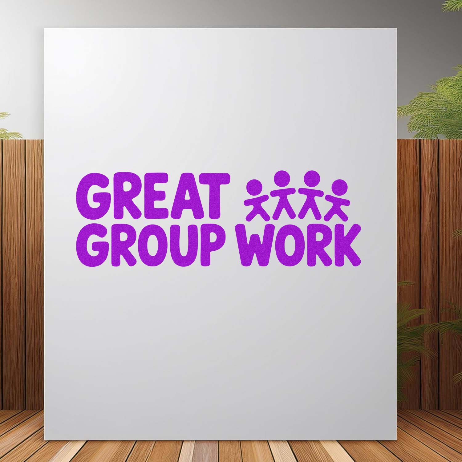Purple Great Group Work stamp and seal with group icon on white board and wood background.