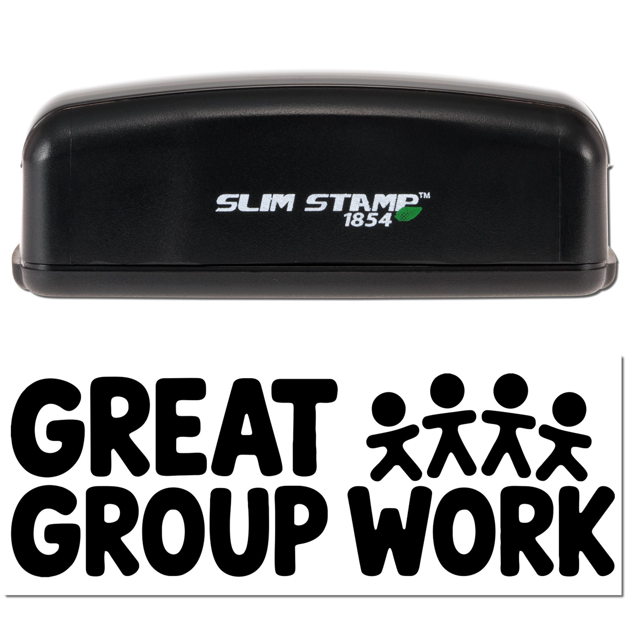 Black Slim Stamp 1854 seal, with bold black Great Group Work text and people icon on a white background.