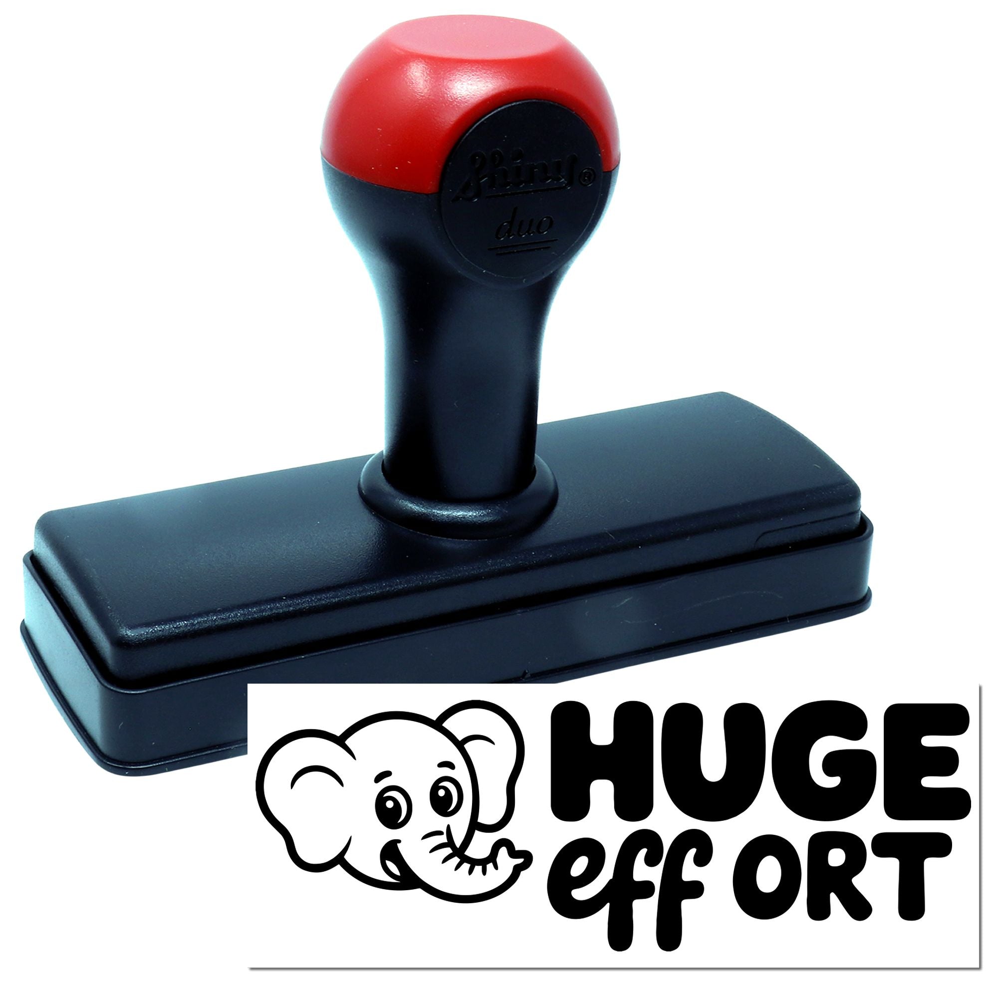 Black self-inking stamp and seal with red top, black body, and HUGE effort elephant logo.