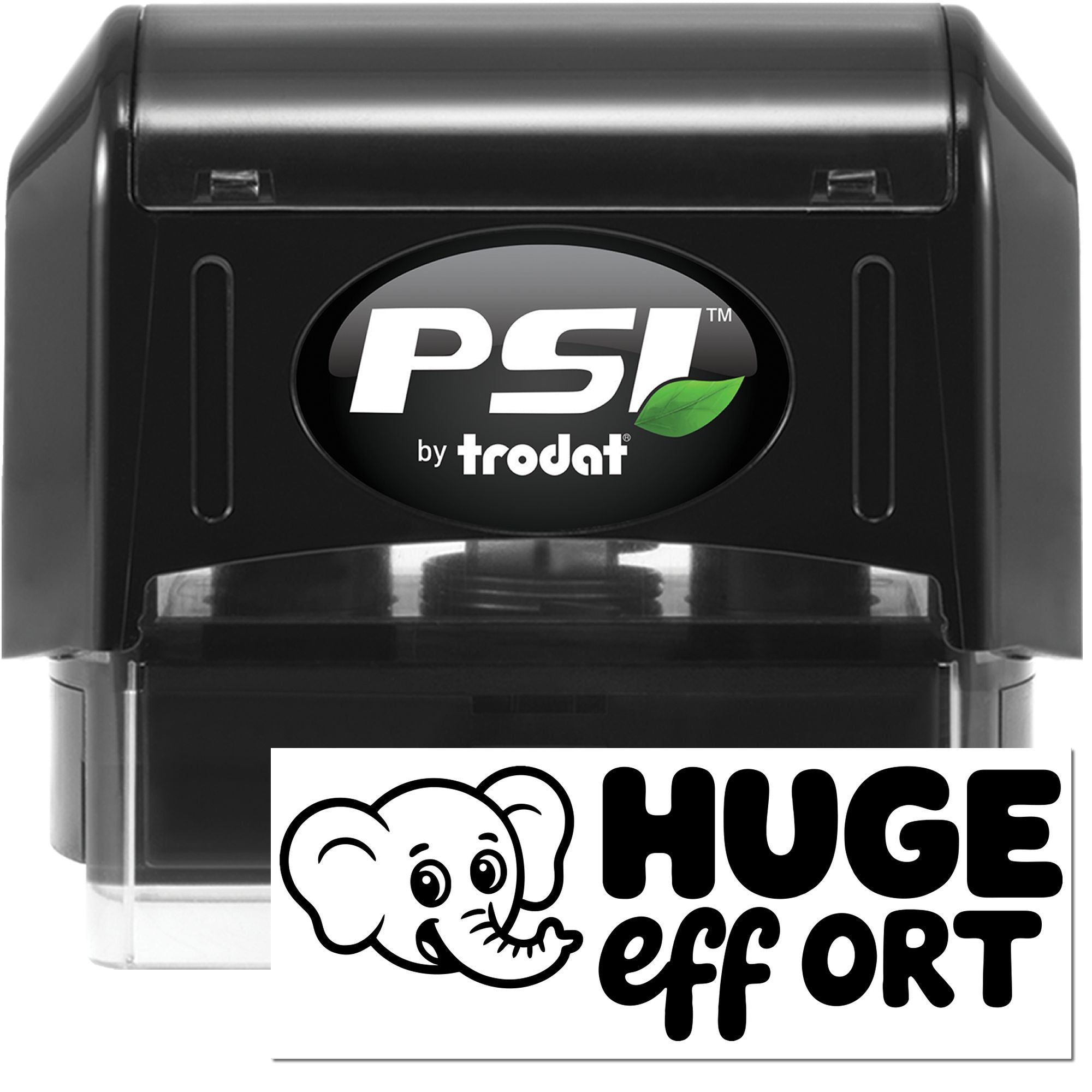 Black PSI by Trodat self-inking stamp and seal with clear base and HUGE effort elephant logo.