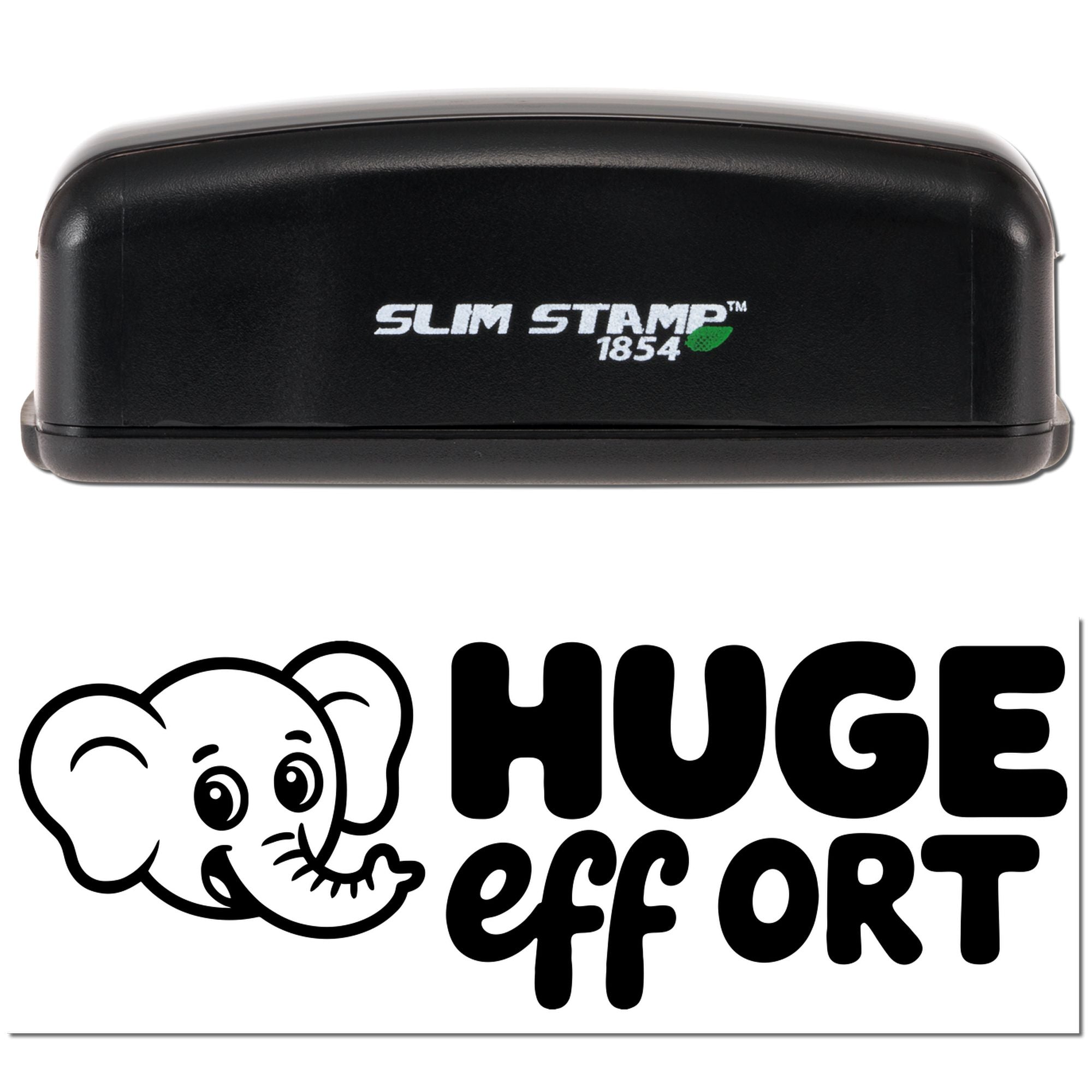 Black Slim Stamp 1854 self-inking stamp with green leaf logo and bold HUGE effort elephant seal design.