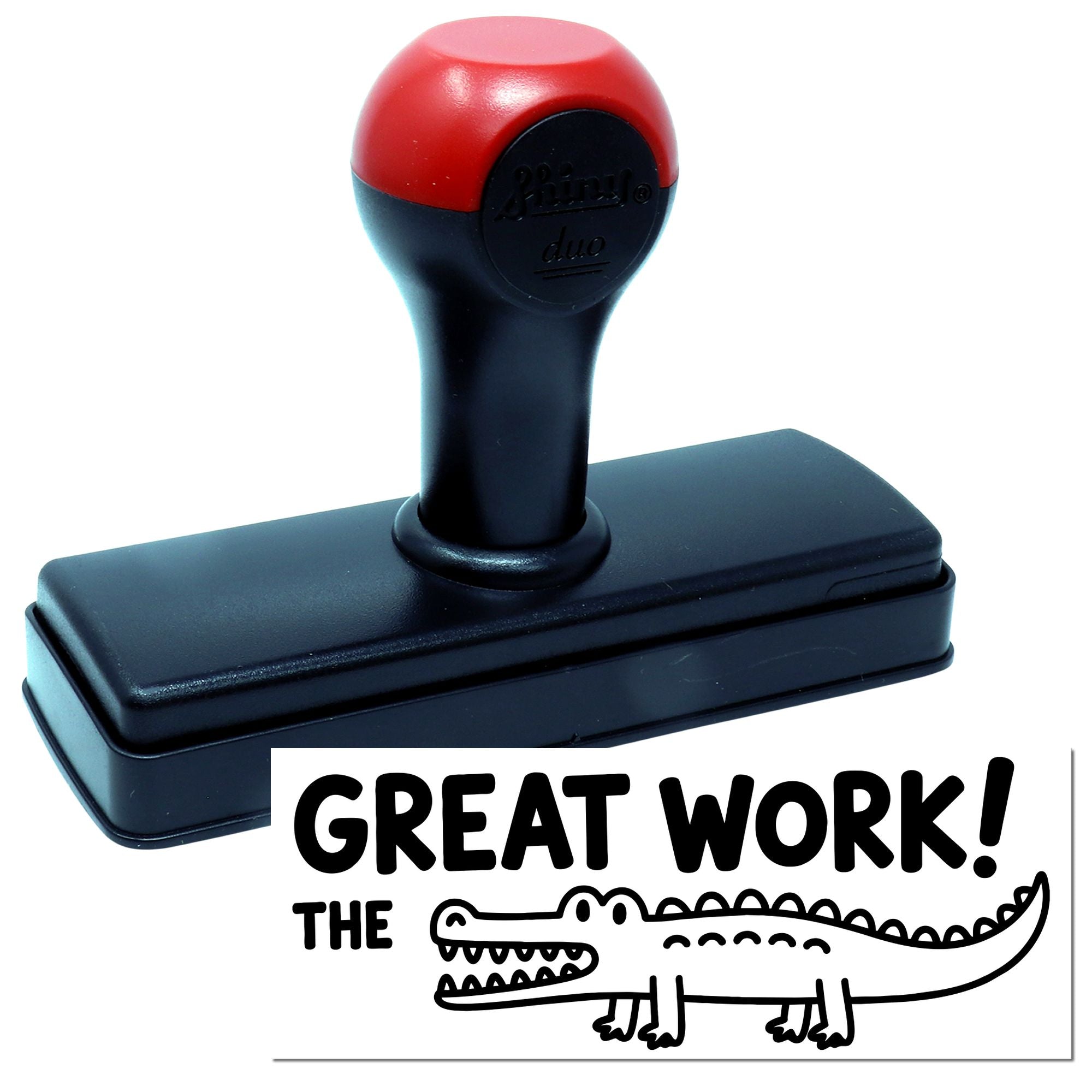 Red and black self-inking stamp and seal with Great Work! crocodile design on white background.