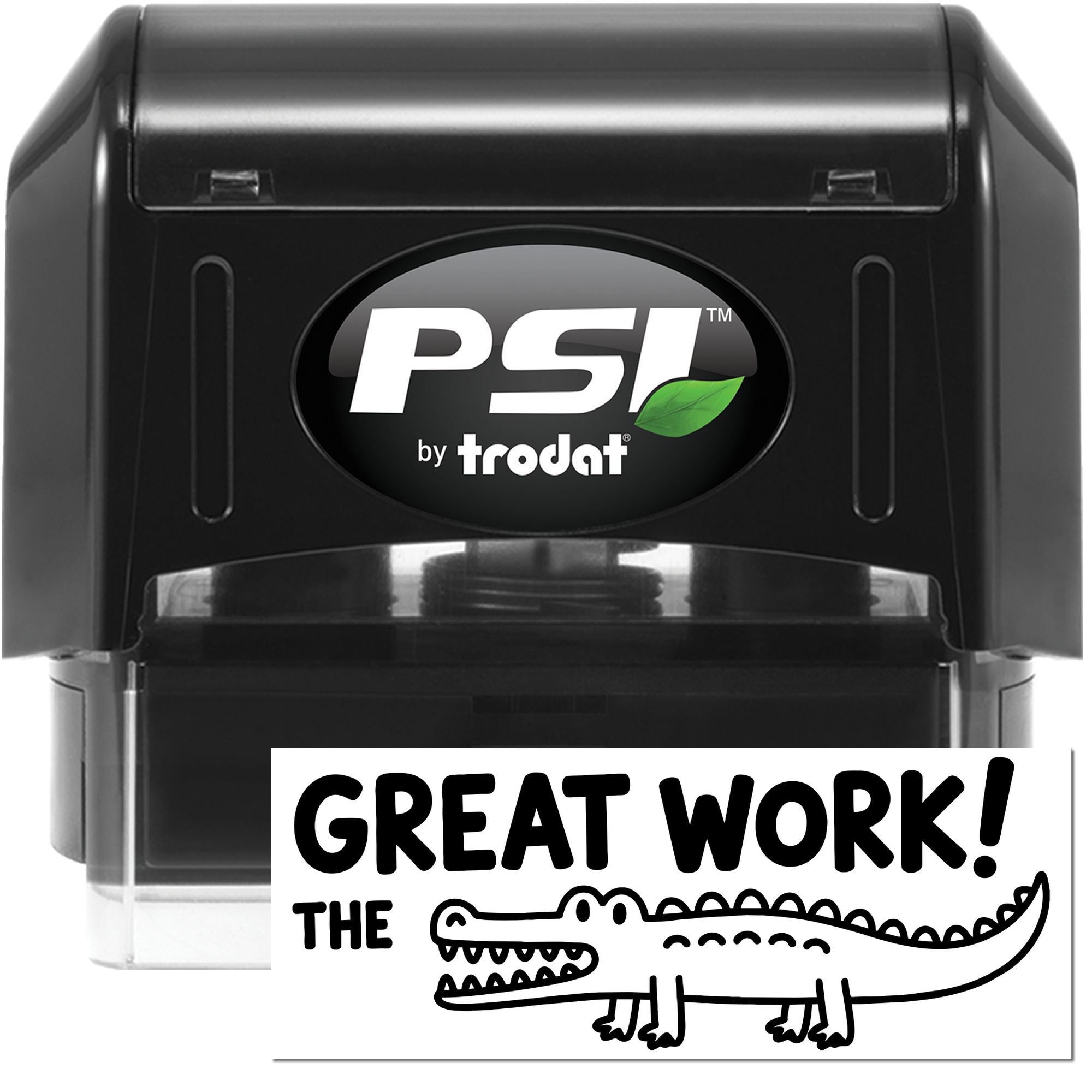 Black PSI by Trodat self-inking stamp with green leaf logo and Great Work! crocodile seal on white background
