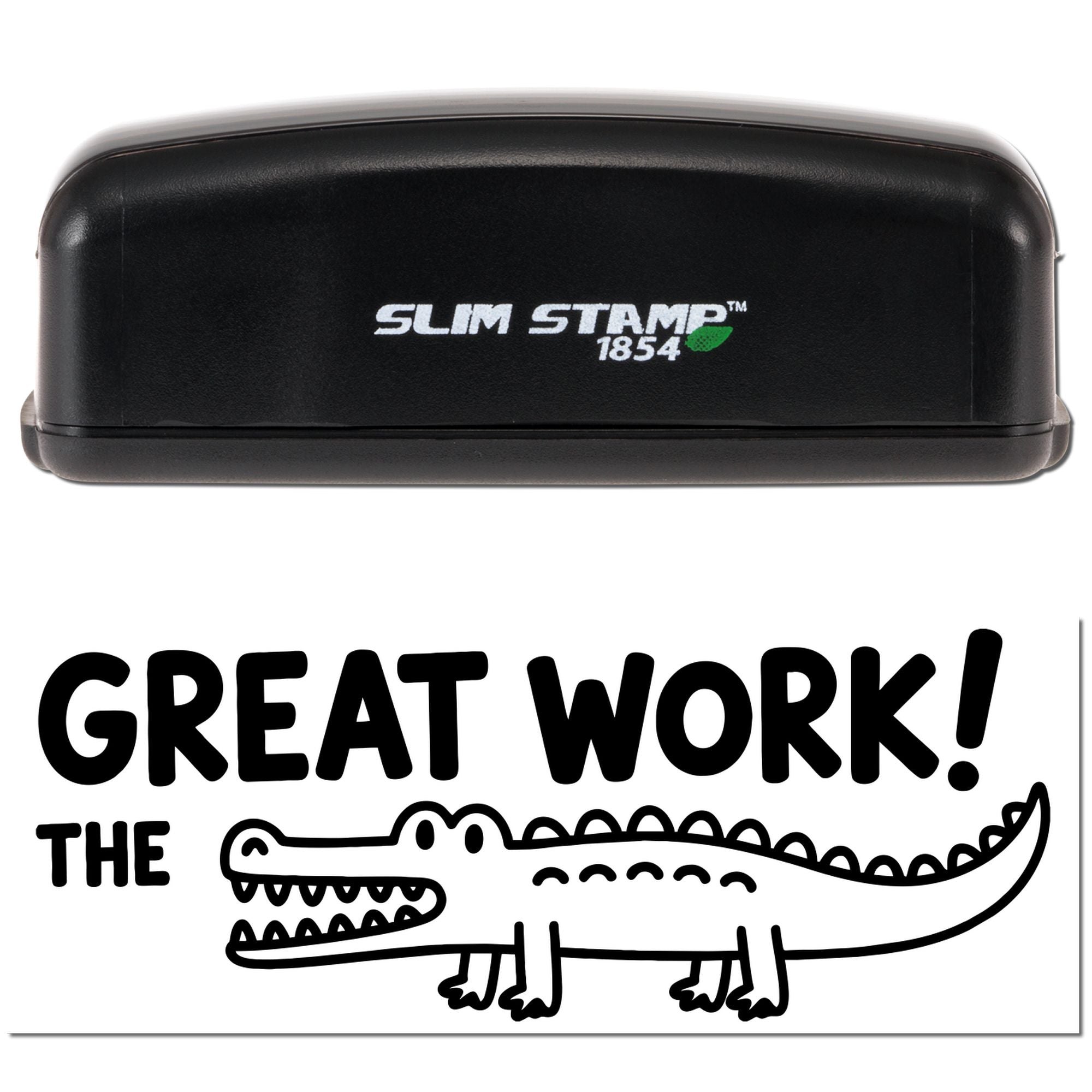 Black Slim Stamp 1854 stamp and seal with Great Work! crocodile design on white background.
