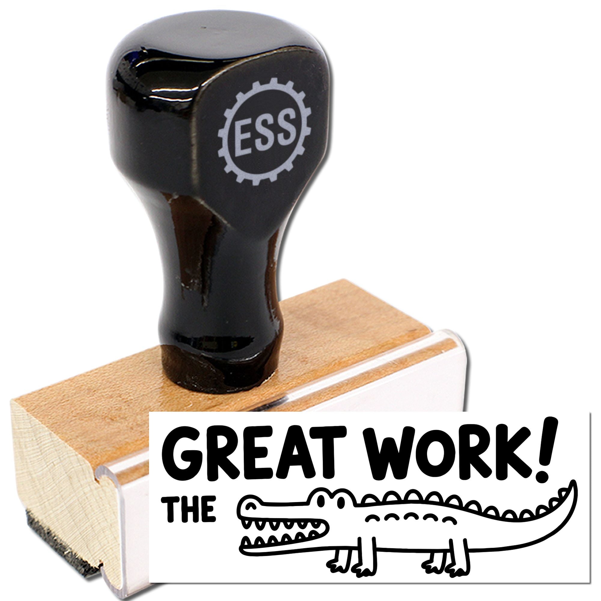 Black ESS stamp and seal on a wooden block, showing a white Great Work! crocodile design.