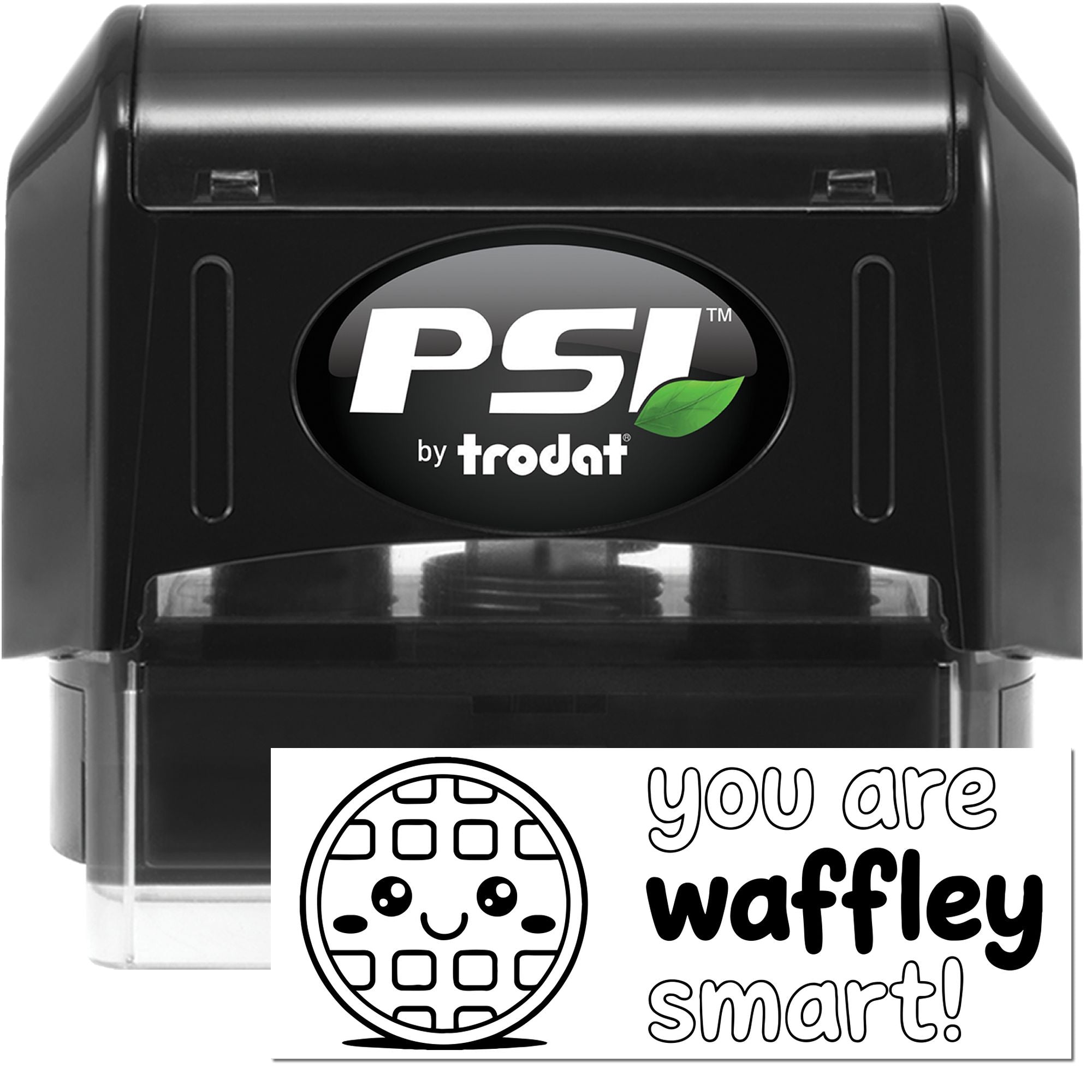 Black PSI by Trodat self-inking stamp with custom you are waffley smart! design and cute waffle icon for personalized stamp and seal products