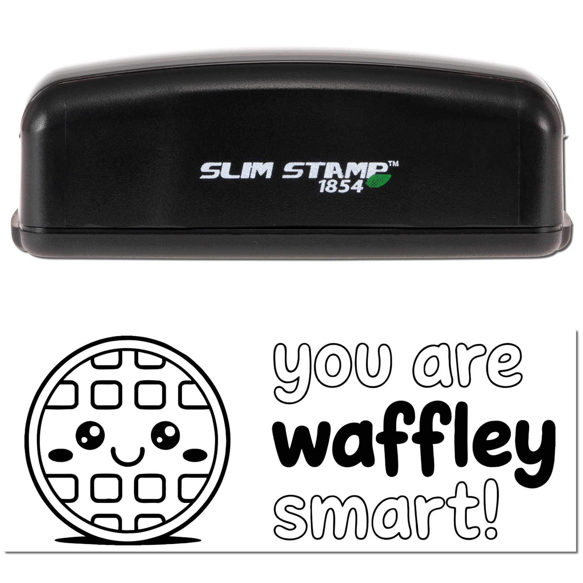 Black Slim Stamp 1854 self-inking stamp and seal with black-and-white waffle graphic and you are waffle-y smart! text.