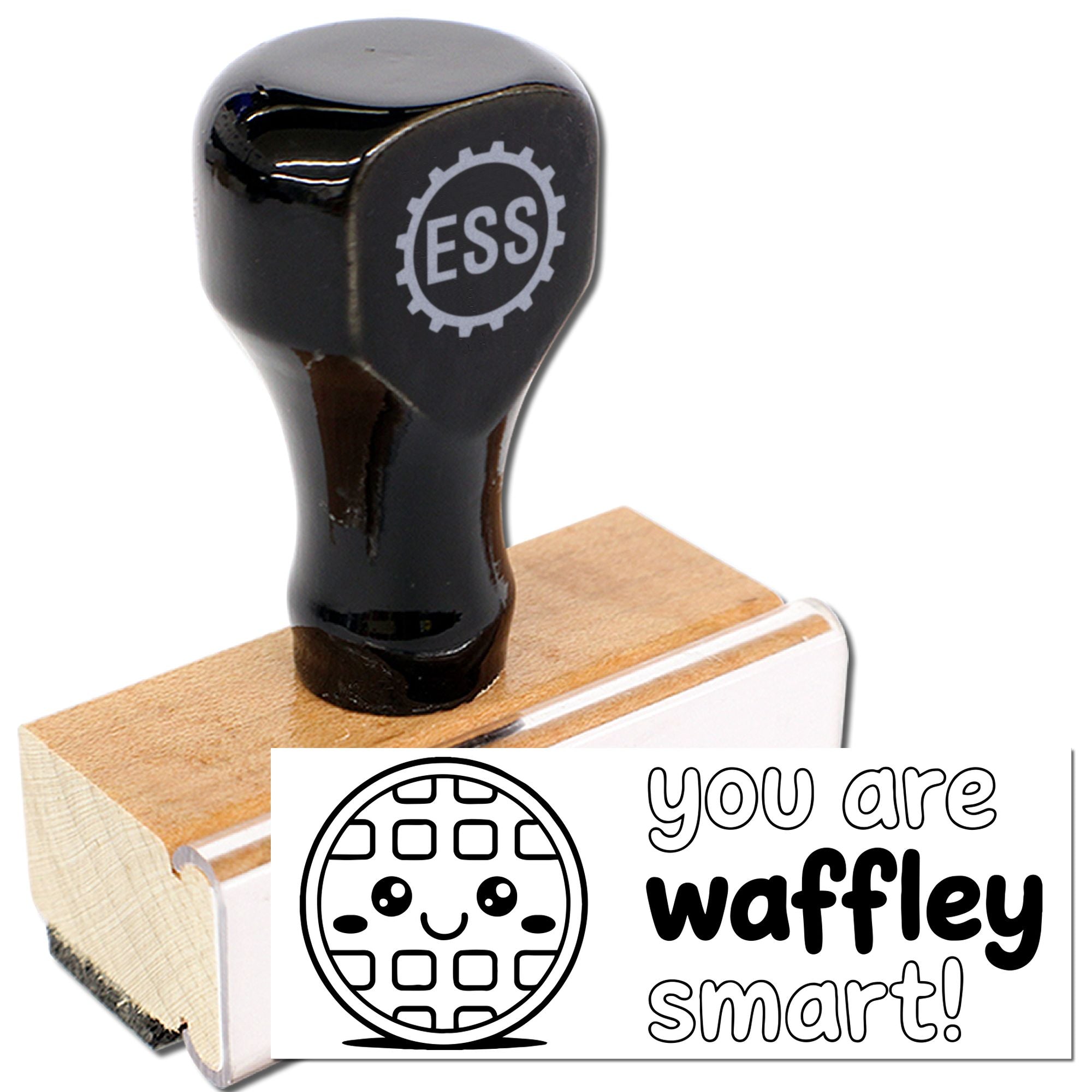 Black custom stamp seal on a wooden block, with ESS gear logo and you are wafflely smart! waffle design.