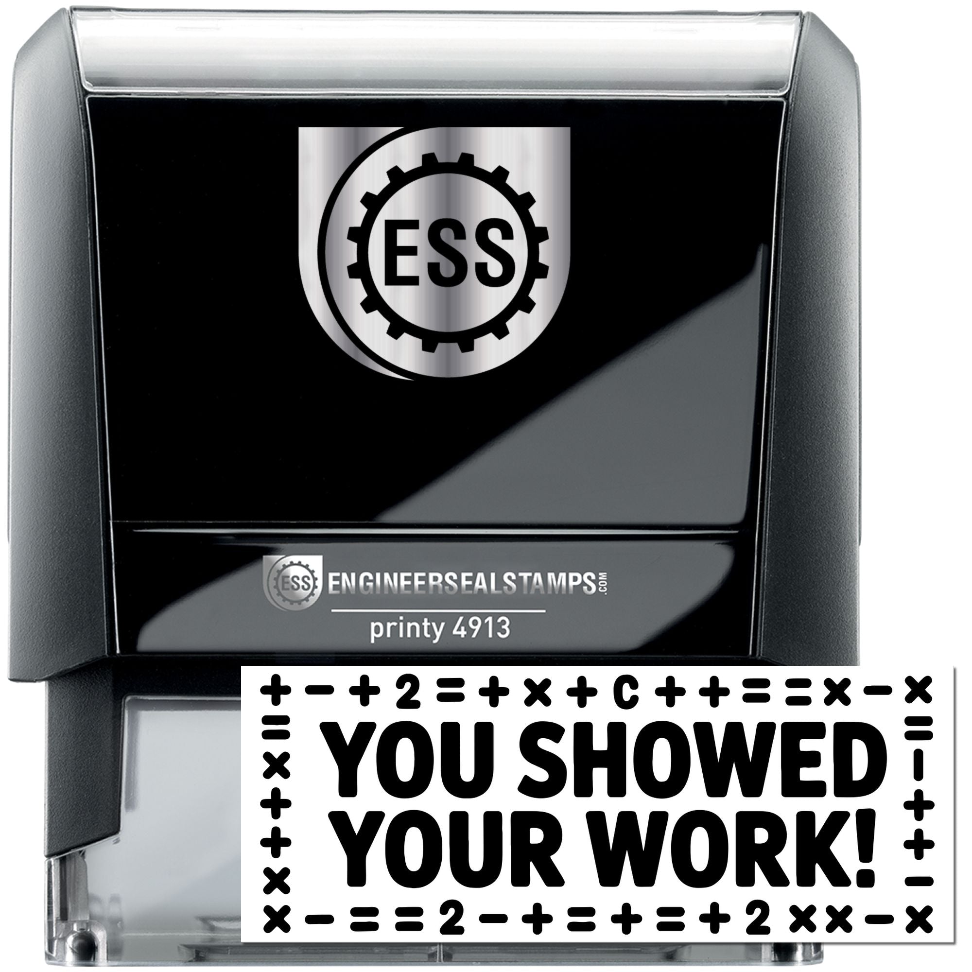 Black ESS self-inking engineer seal stamp with silver accents and a matching You Showed Your Work! stamp.