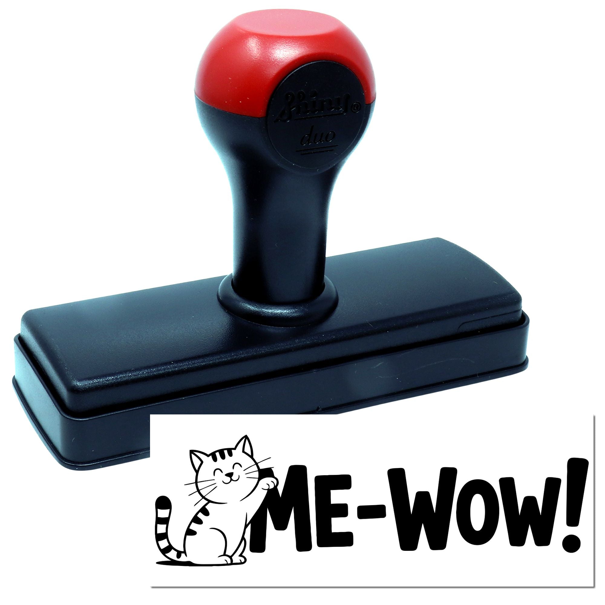 Red and black self-inking stamp and seal with cat ME-WOW! impression on white background.