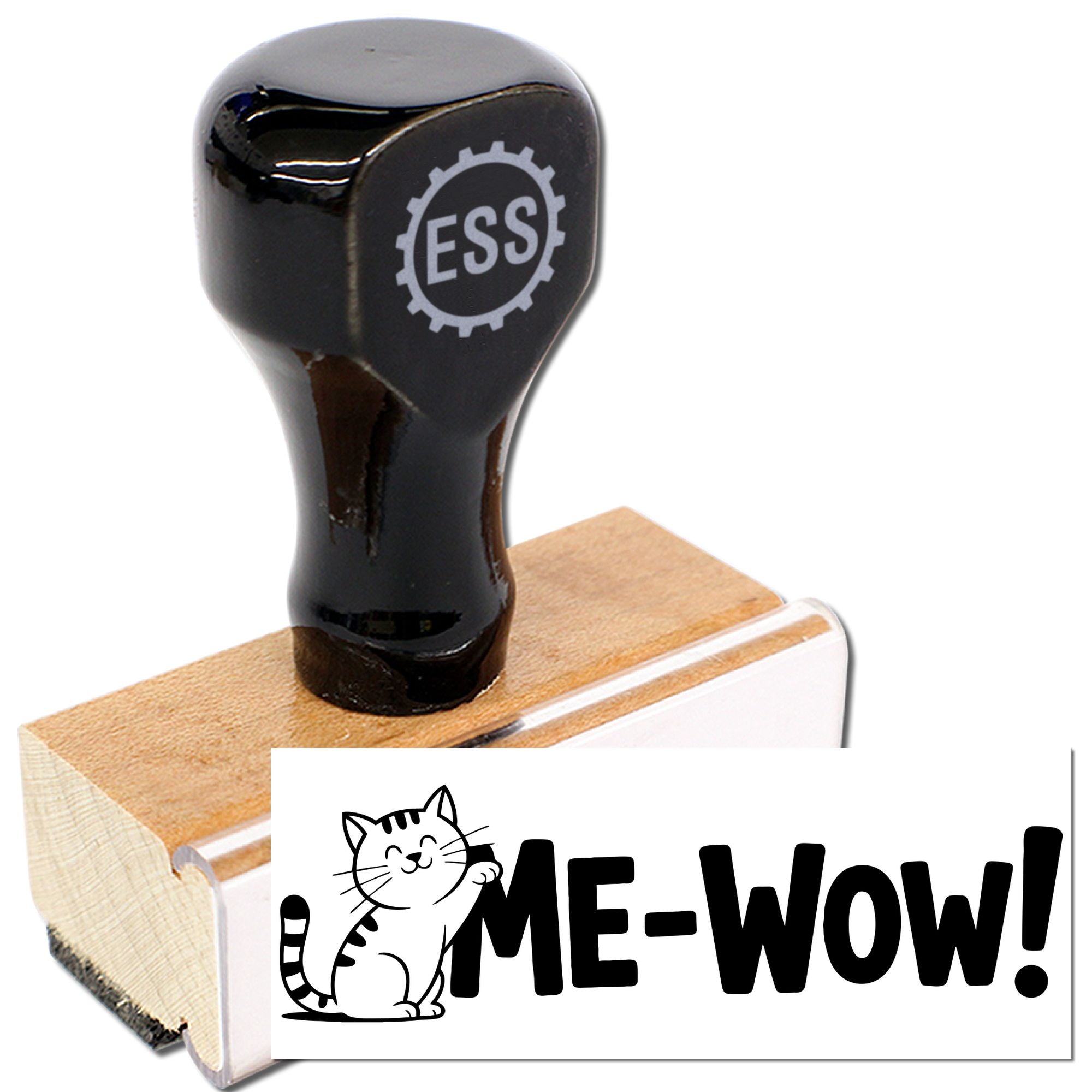 Black ESS rubber stamp seal on wooden block with white-and-black ME-WOW! cat design.