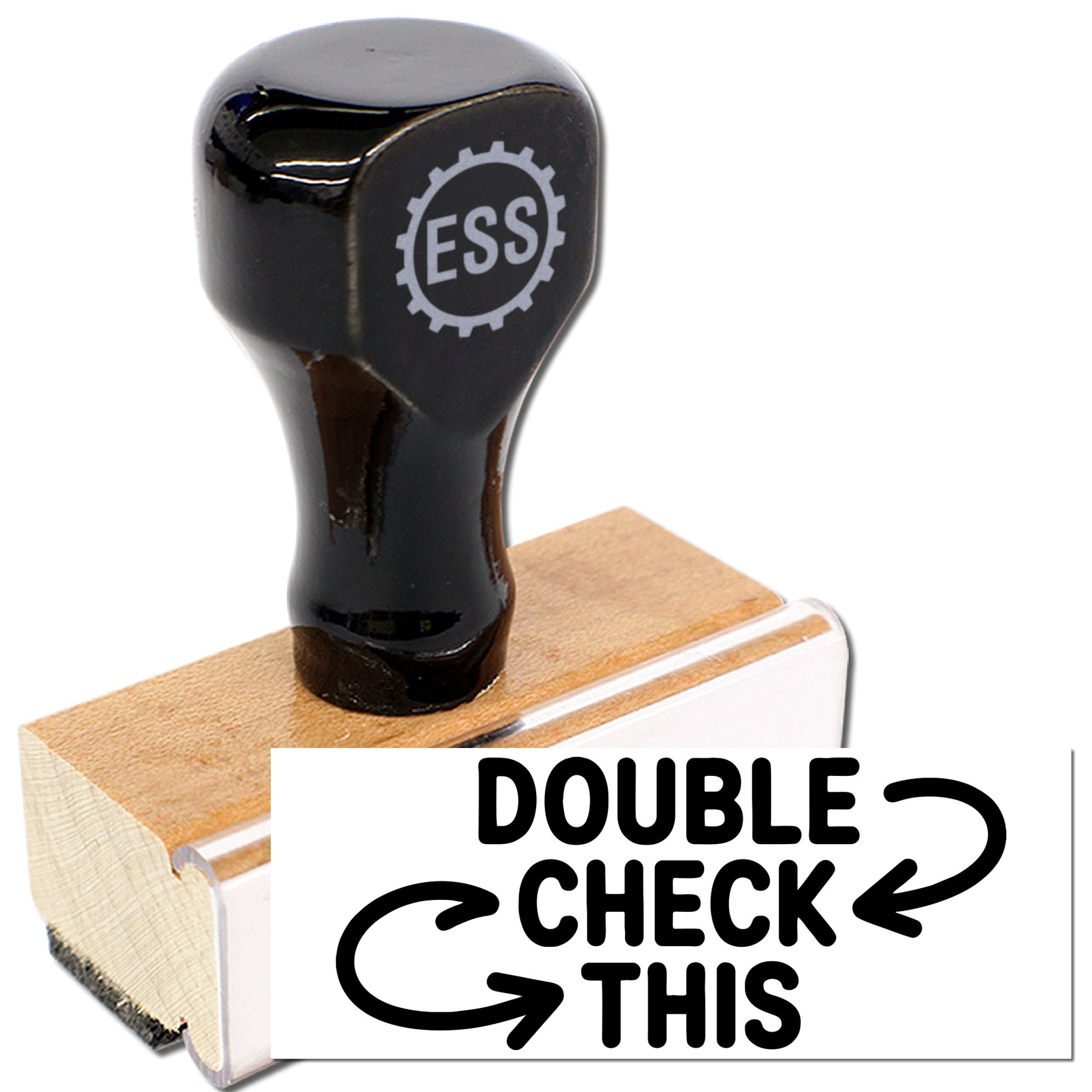 Black rubber stamp and wooden seal with ESS logo, plus DOUBLE CHECK THIS text on a white background.