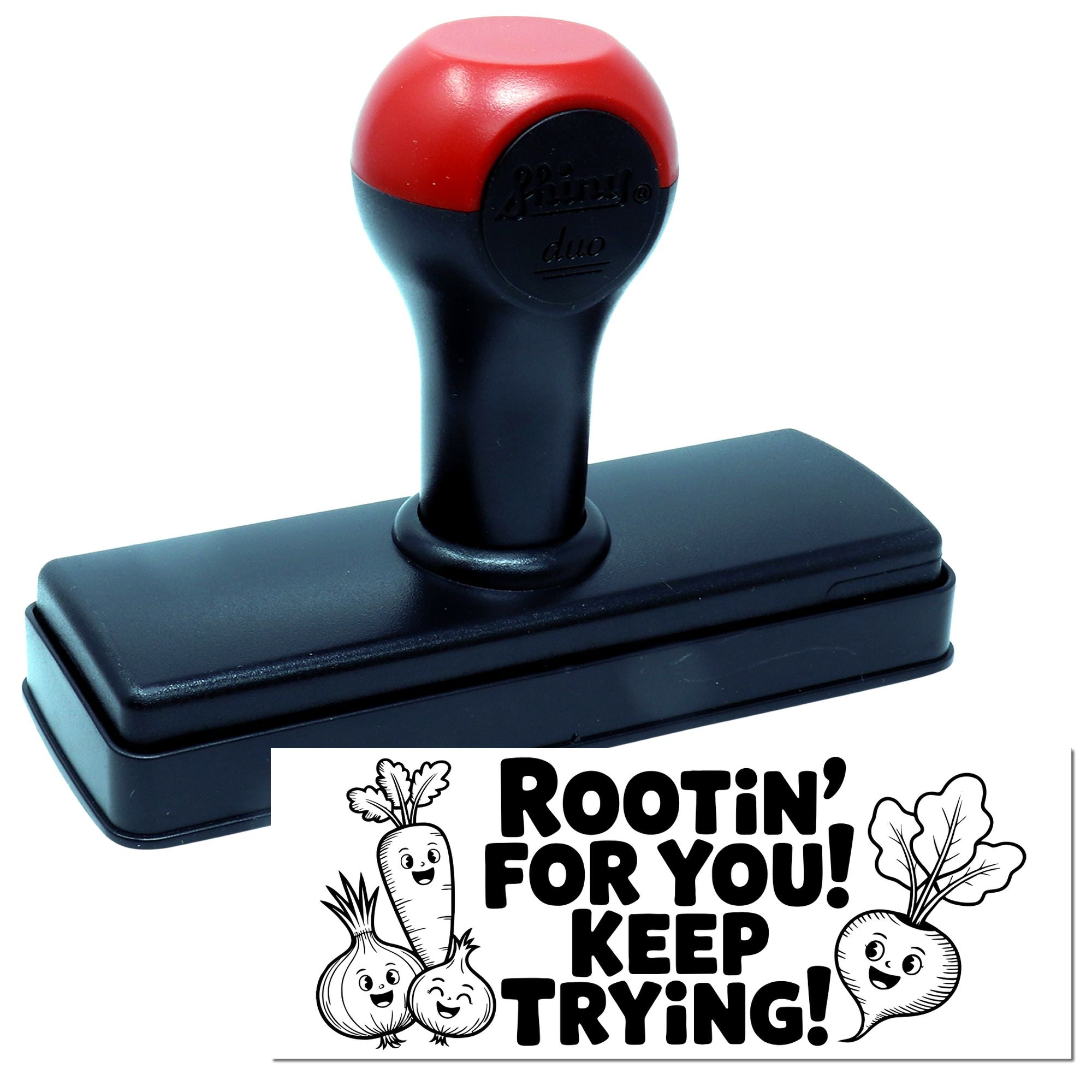 Red and black self-inking stamp and seal with Rootin for You! Keep Trying! and smiling vegetable illustrations.