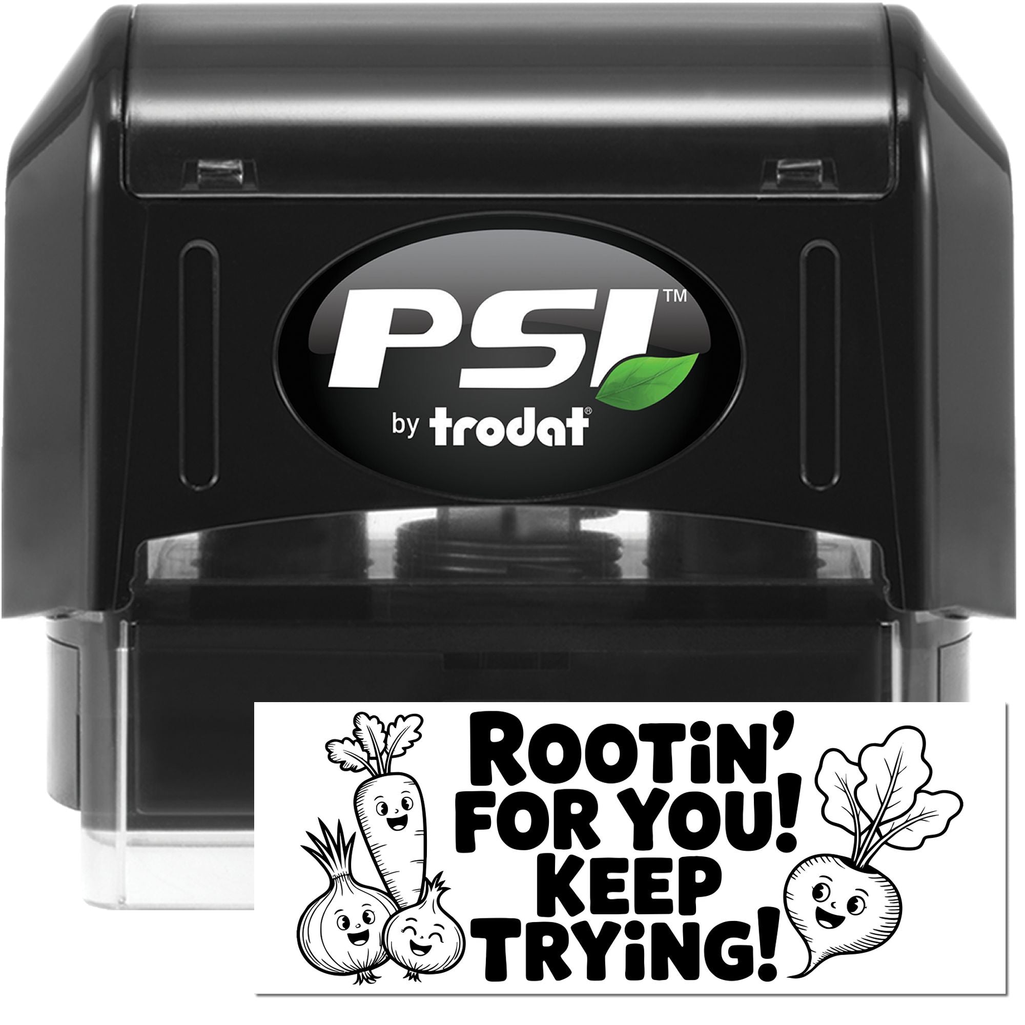 Black PSI by Trodat self-inking stamp and seal set with white Rootin for You! Keep Trying! vegetable design.