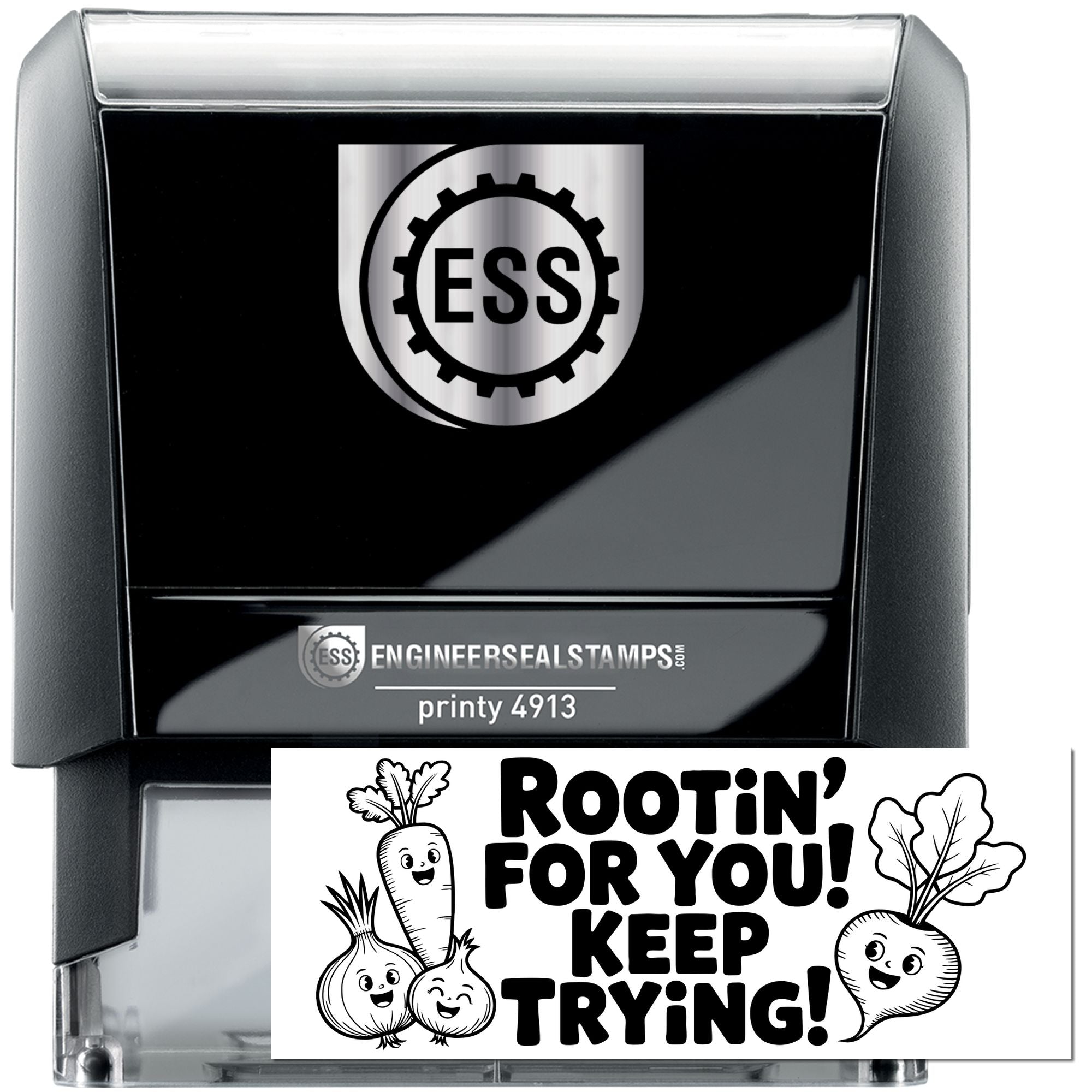 Black self-inking ESS stamp and seal with "Rootin' for You! Keep Trying!" vegetable design on white and black.