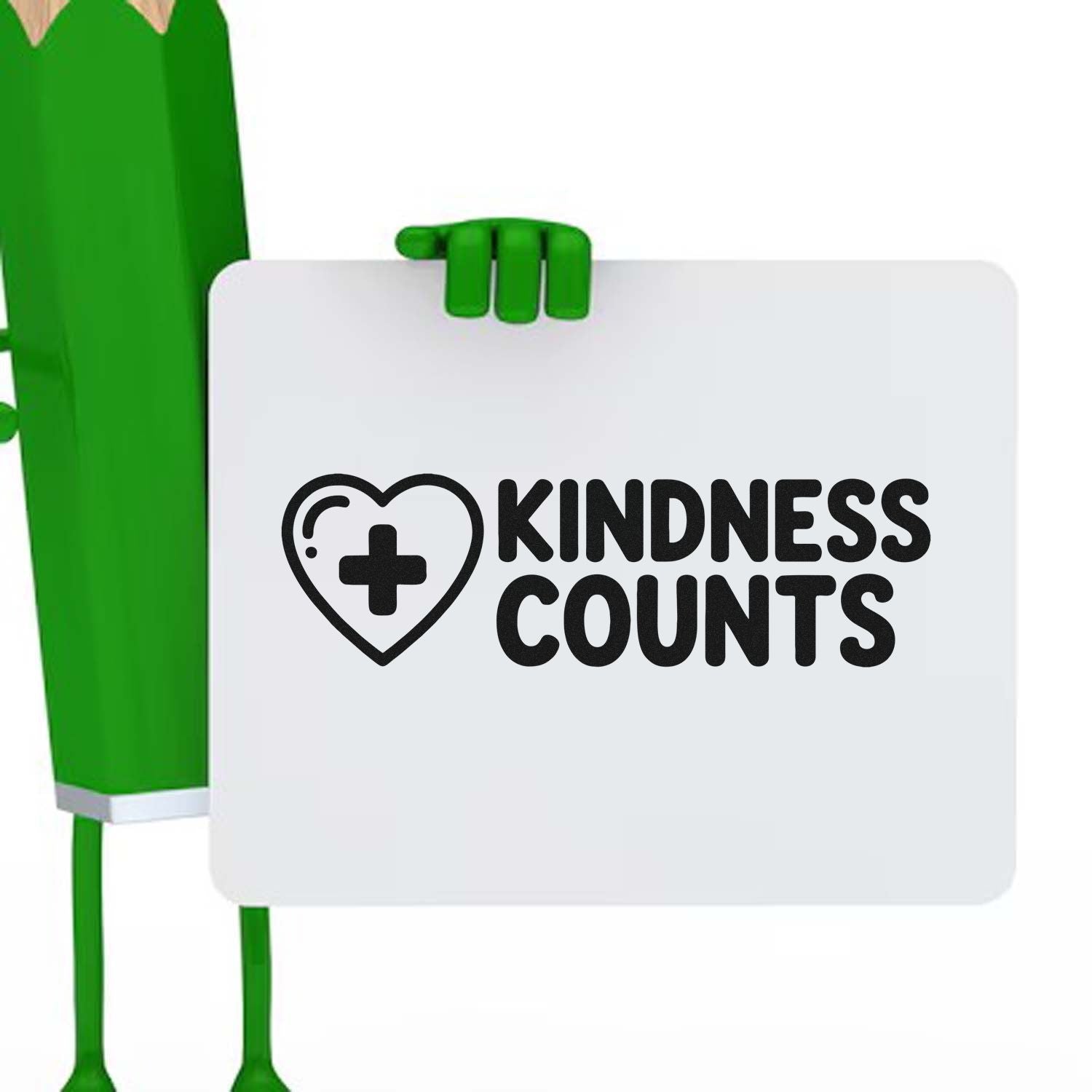 Green stamp character holding a white seal card with black Kindness Counts text and heart-cross icon.