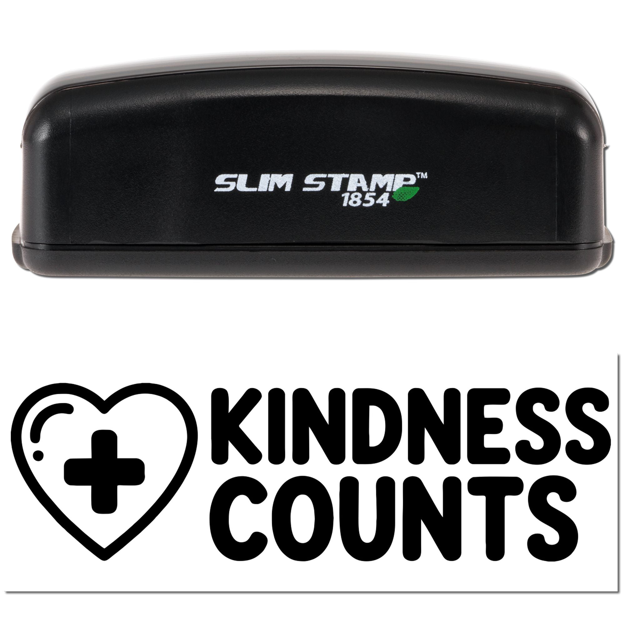 Black Slim Stamp 1854 stamp case with green accent above a black heart-and-cross Kindness Counts seal logo on white background.