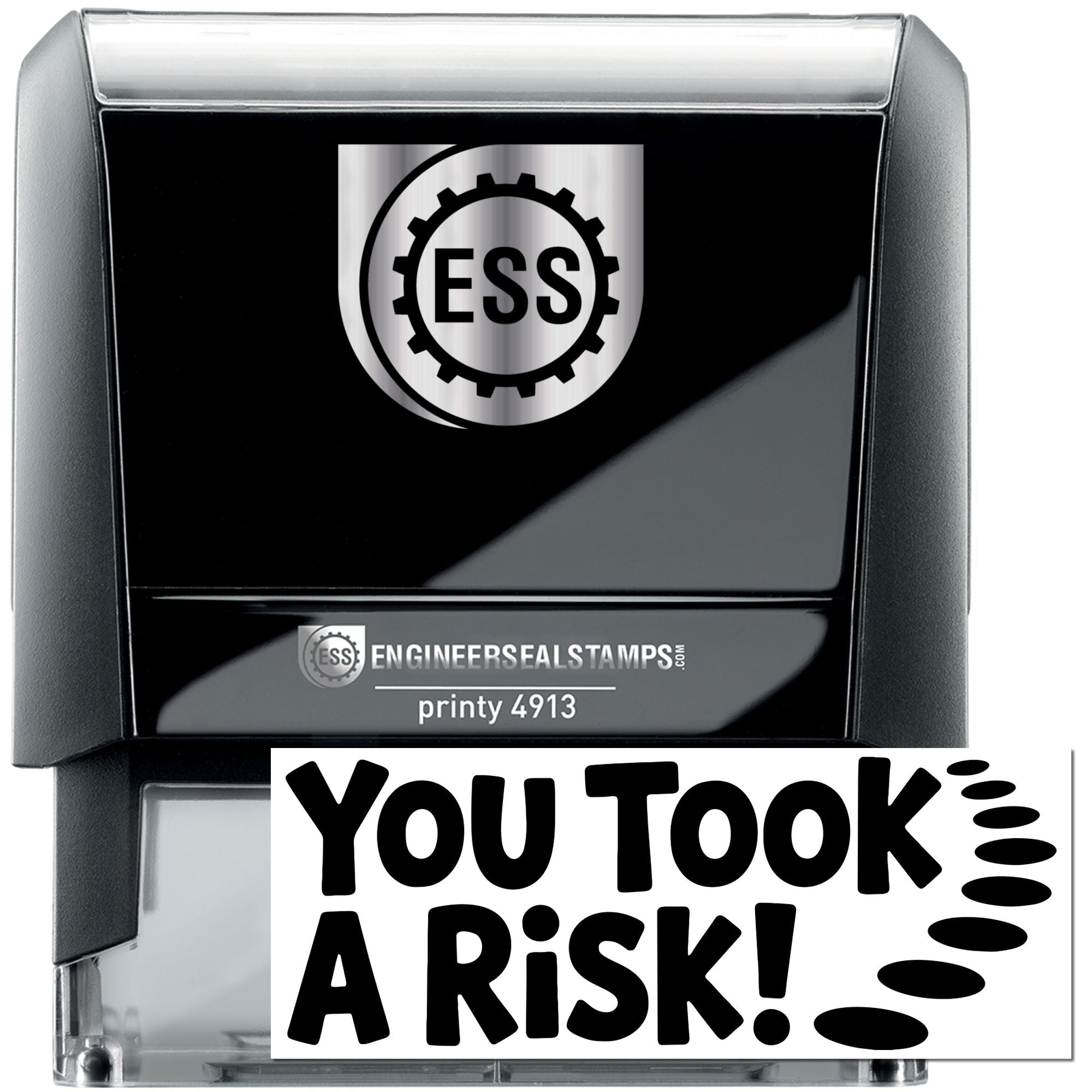 Black and silver self-inking ESS stamp and seal products with gear logo and bold You Took A Risk! imprint.
