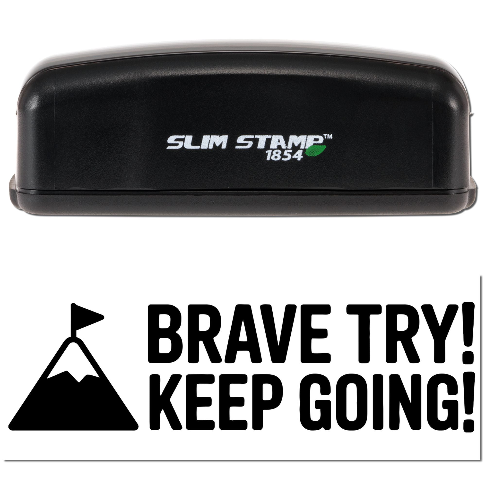 Black Slim Stamp 1854 stamp and seal in black with white Brave Try Keep Going mountain flag logo on white background.