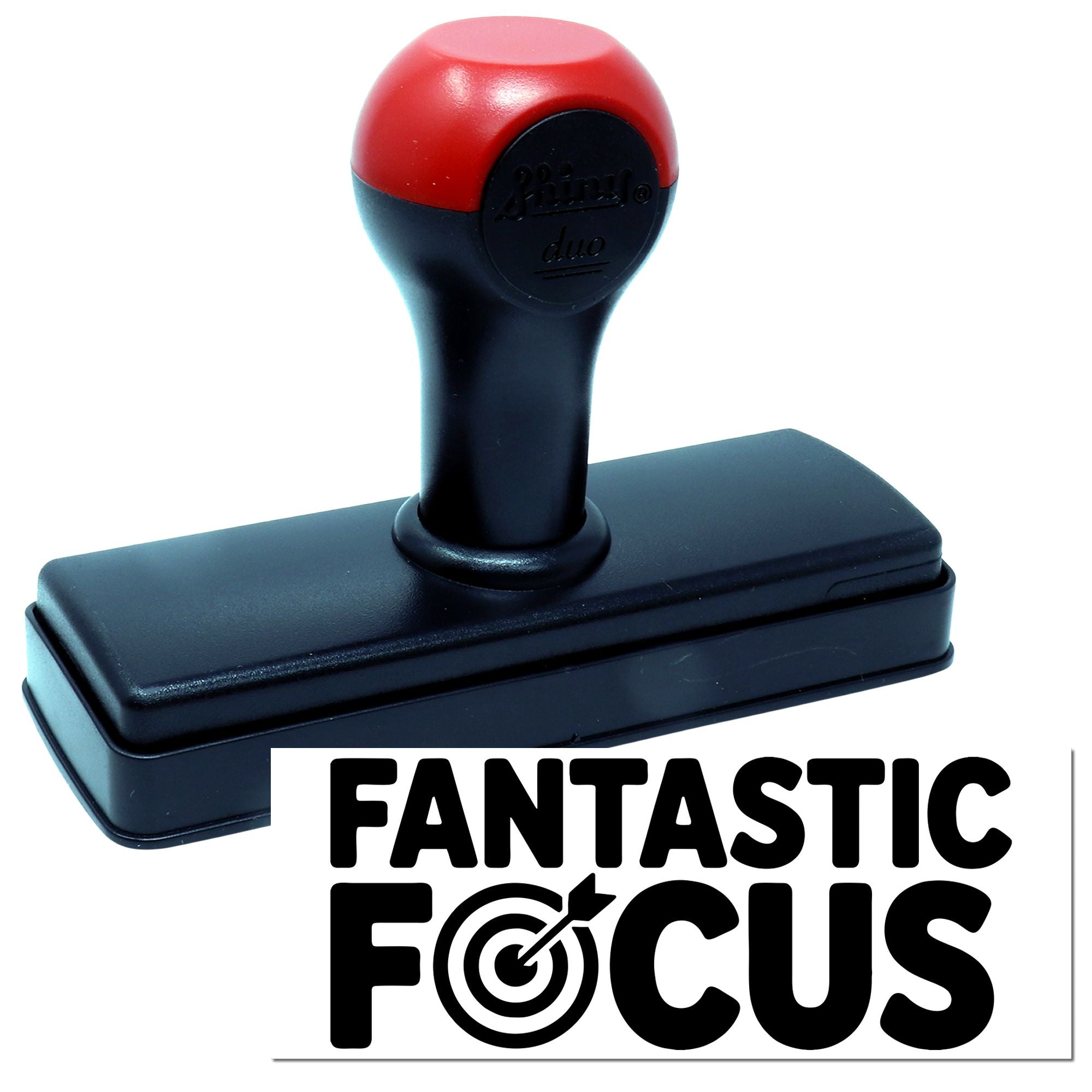Red and black self-inking stamp seal with rectangular base and Fantastic Focus logo.