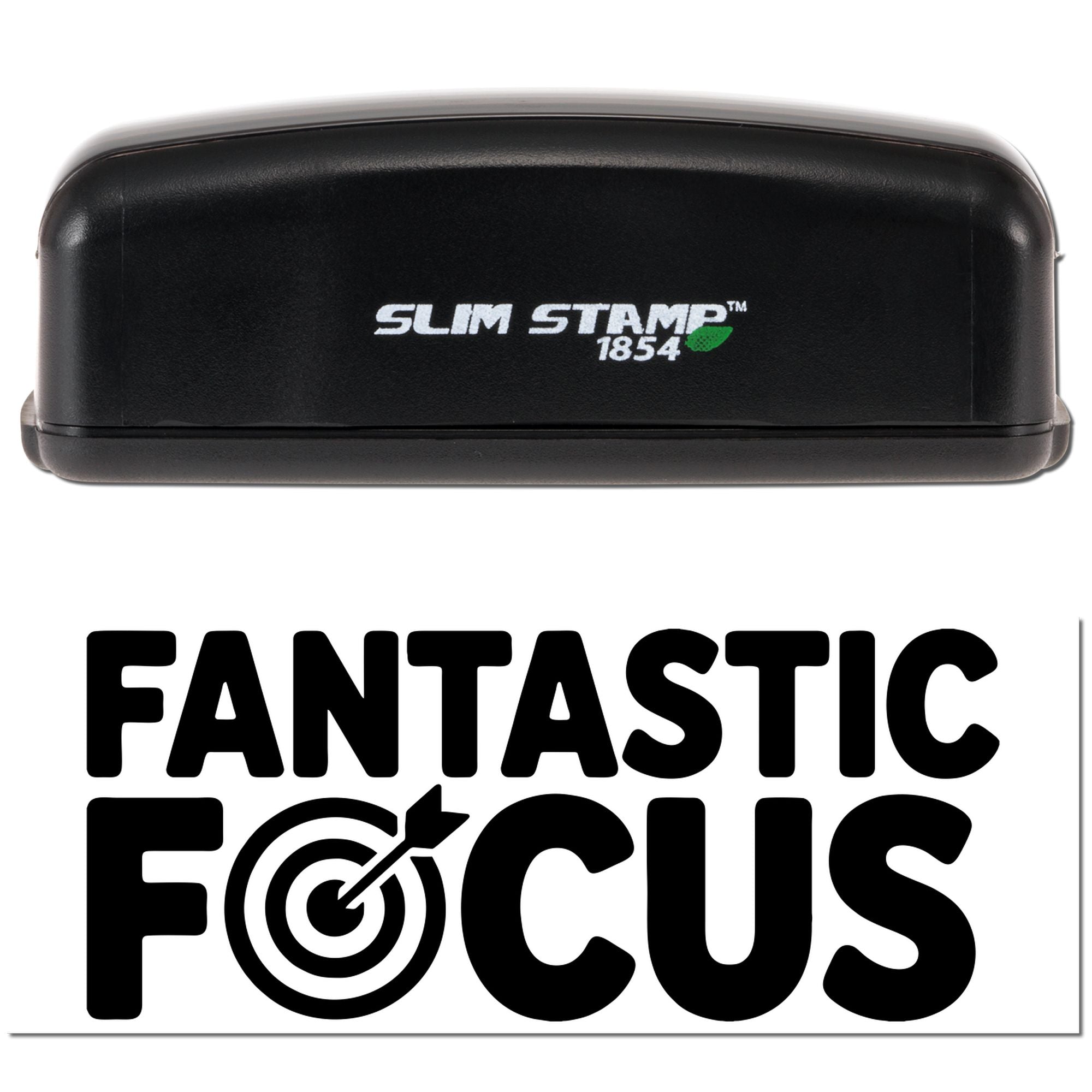 Black Slim Stamp 1854 self-inking stamp with Fantastic Focus seal logo and target icon on white background
