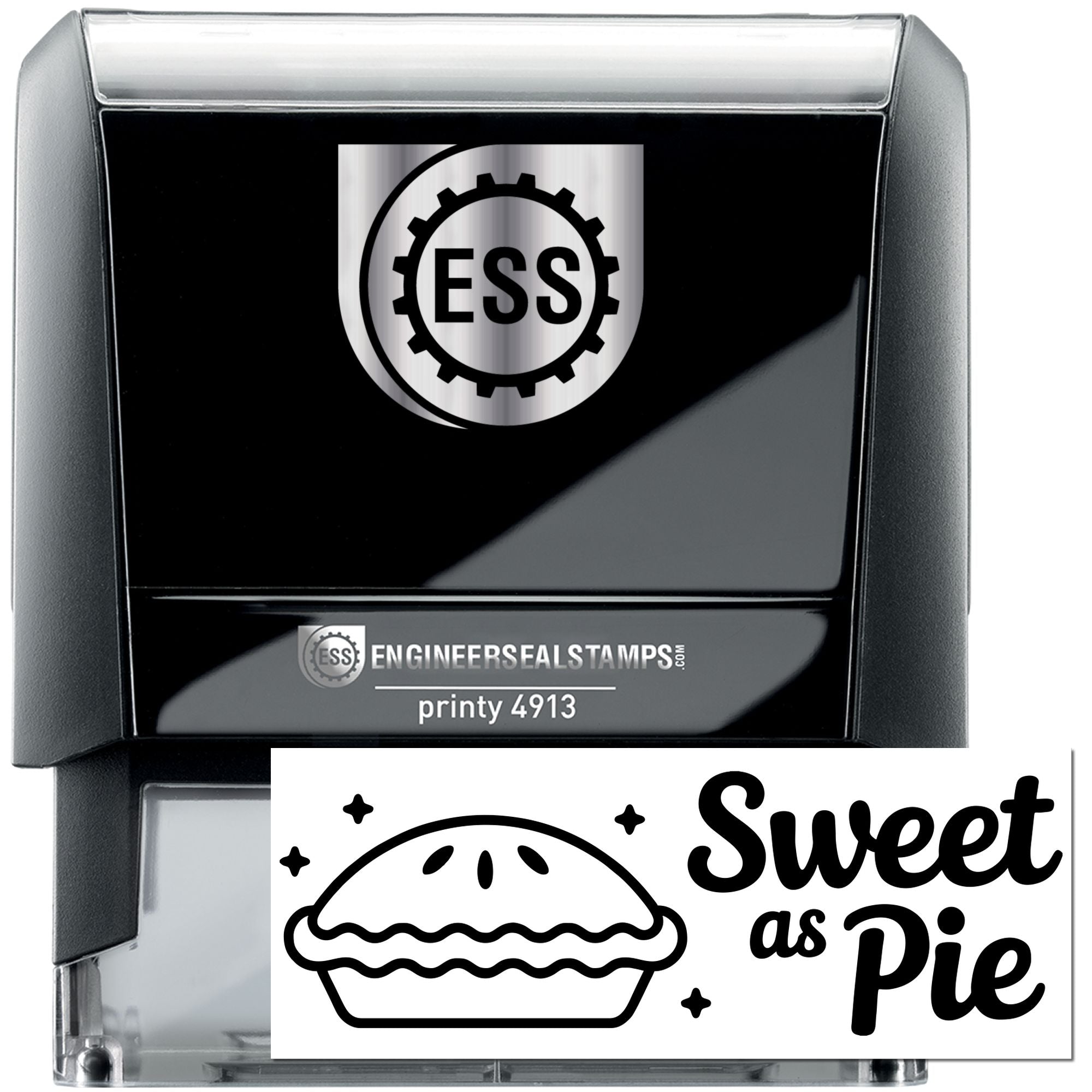 Black and gray self-inking stamp and clear seal stamp with ESS logo and Sweet as Pie design