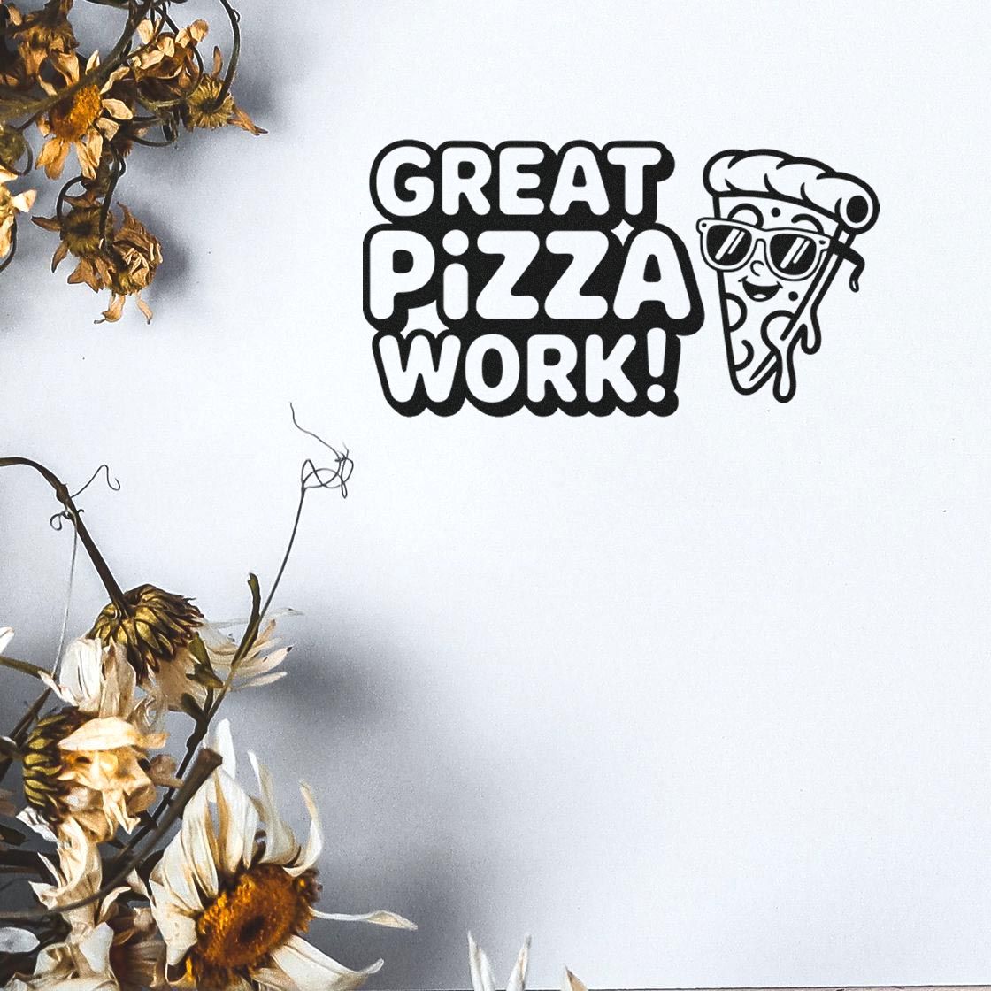 Black Great Pizza Work! stamp and seal with sunglasses pizza slice on white background.