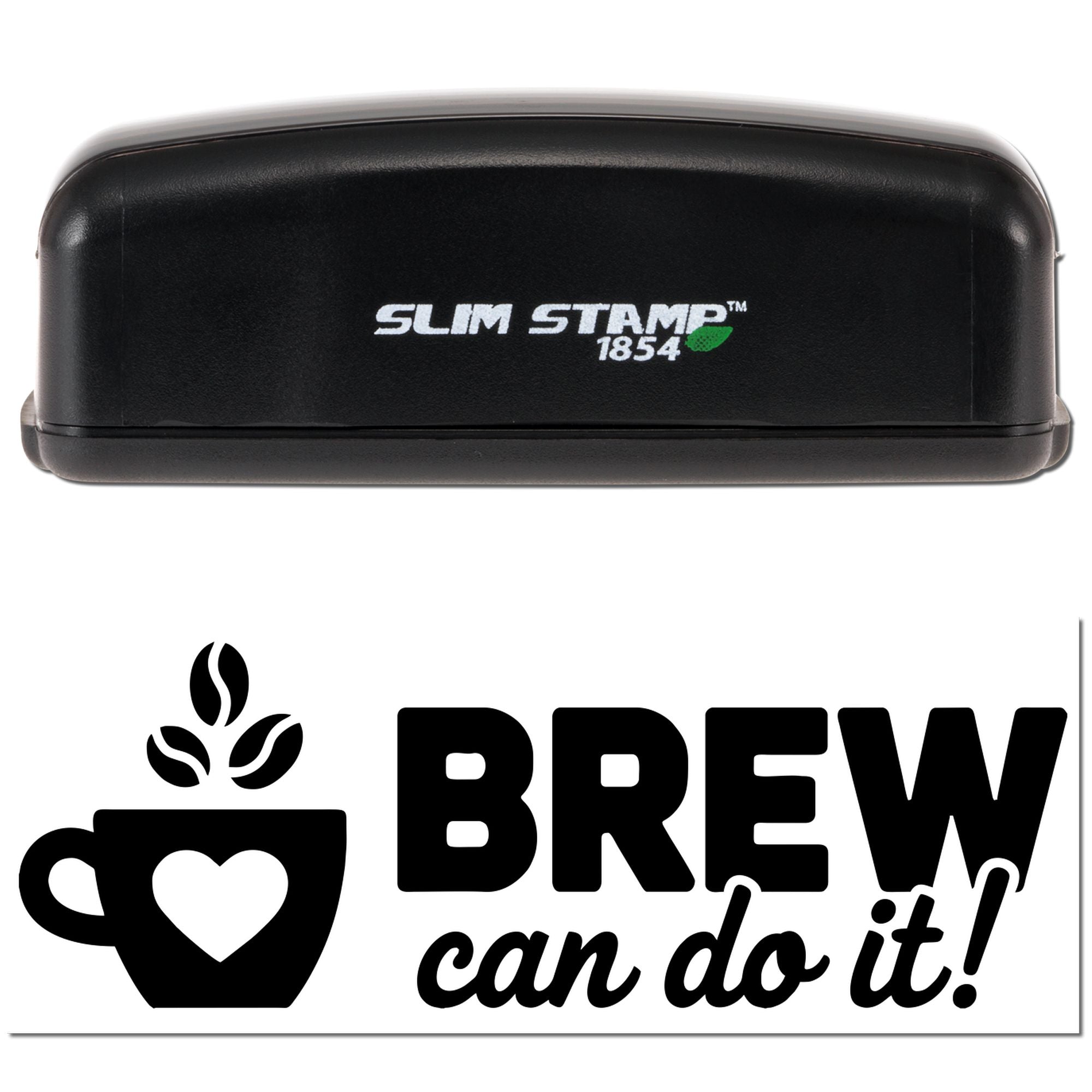 Black Slim Stamp 1854 stamp with green leaf logo above a black Brew can do it! coffee seal design on white background