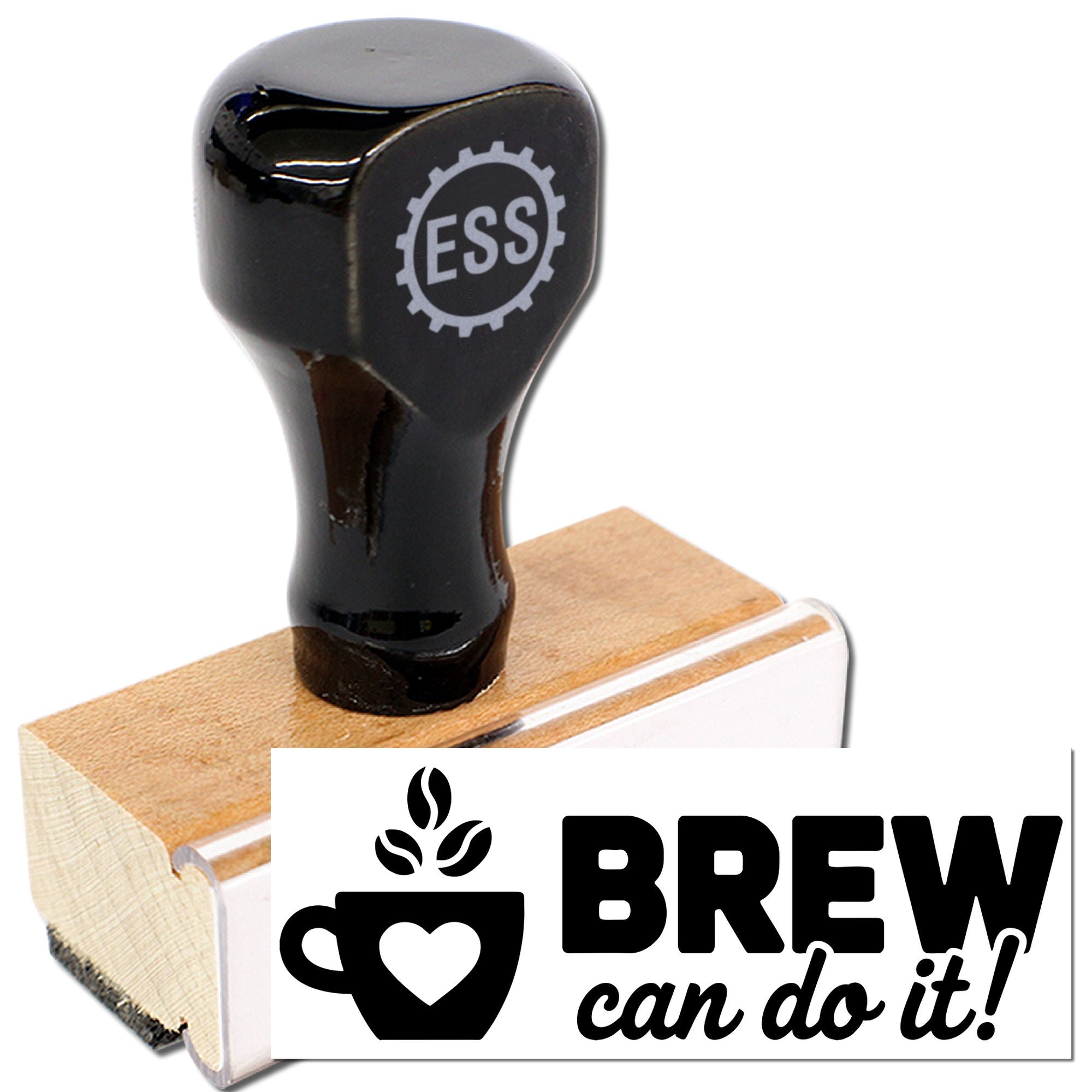 Black self-inking stamp and seal on wooden base, featuring ESS logo and white BREW can do it! label.