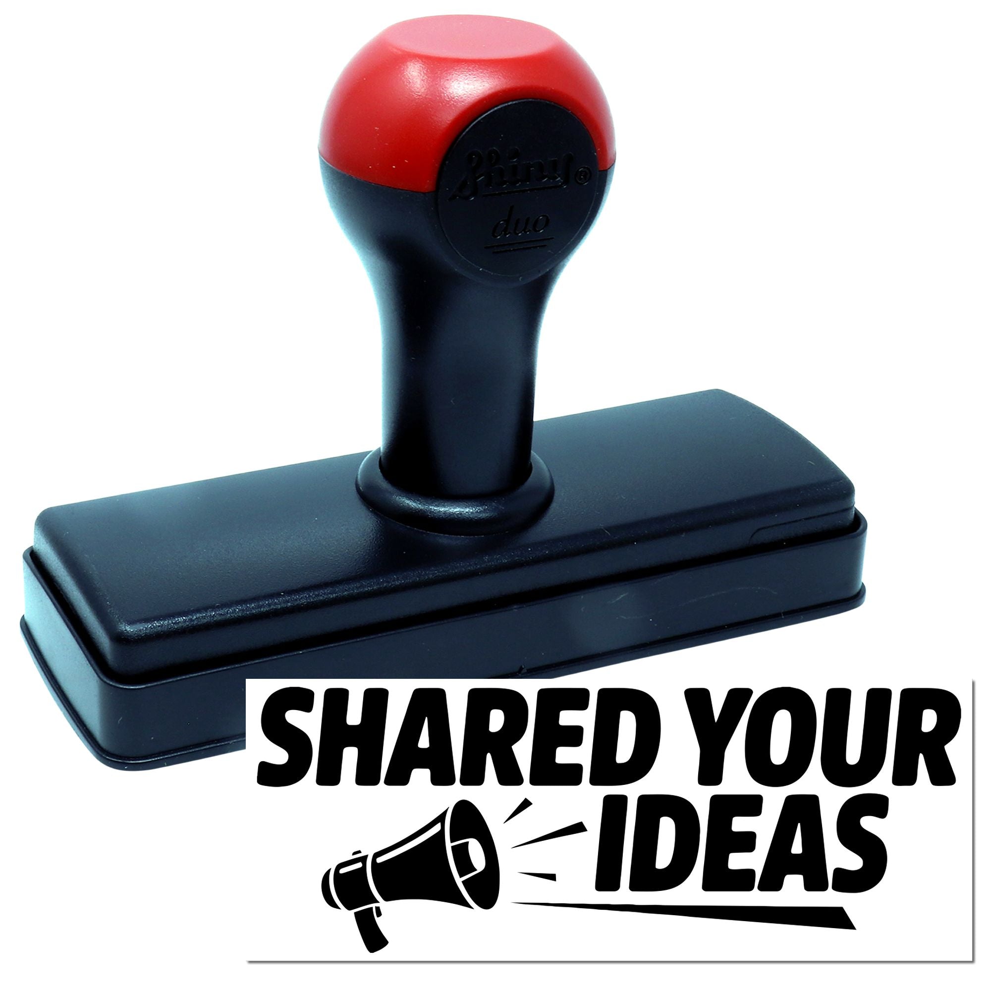 Red and black self-inking stamp and seal with rectangular base and Shared Your Ideas branding.