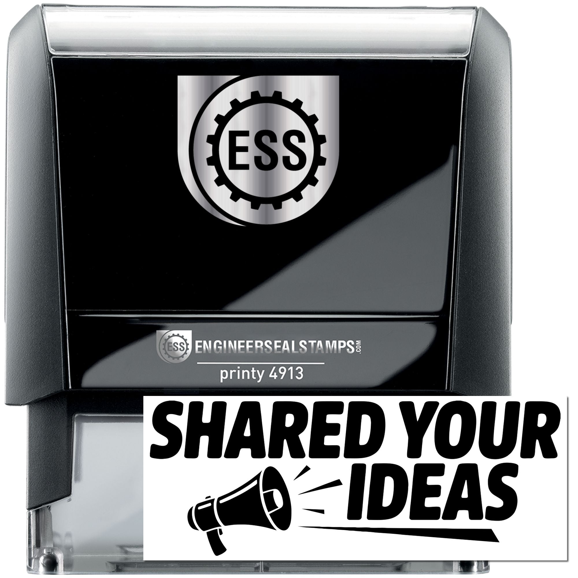 Black and silver self-inking ESS EngineerSealStamps Printy 4913 stamp and seal with gear logo and shared ideas graphic.