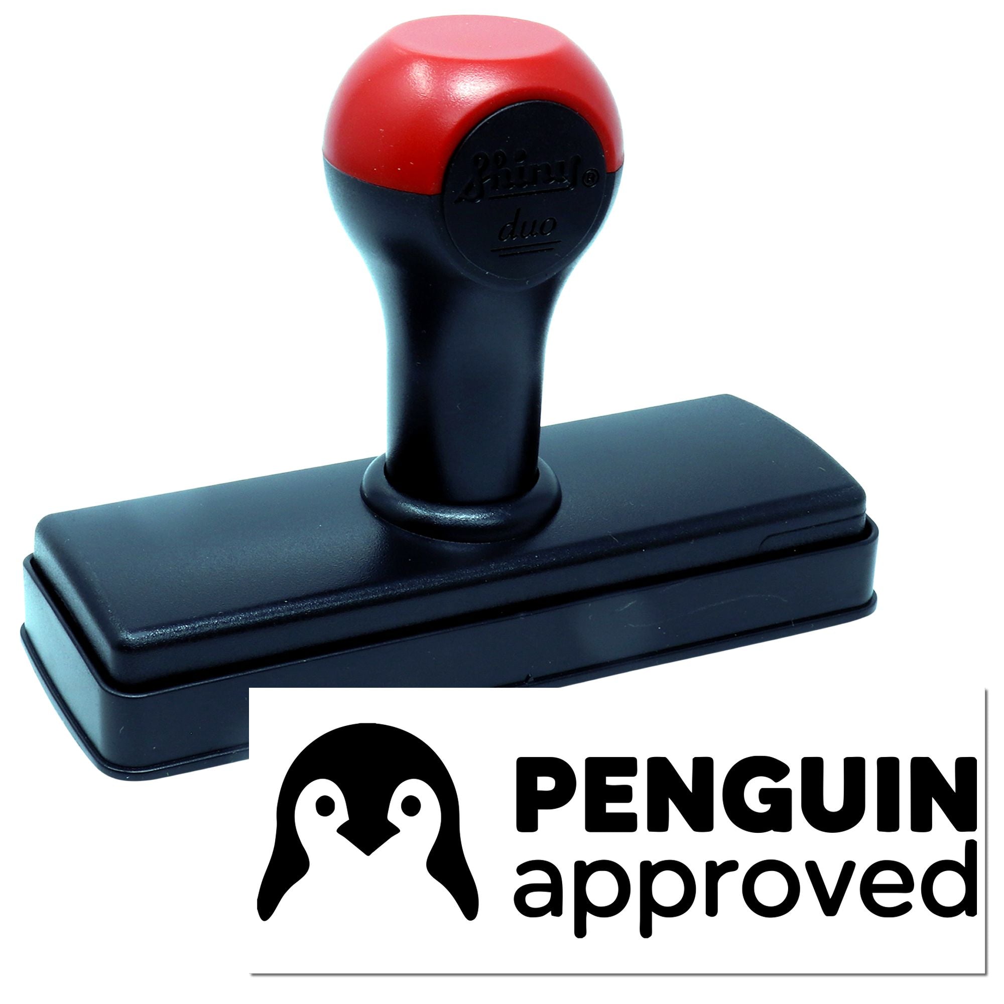 Red and black self-inking stamp and seal with black base and Penguin approved logo