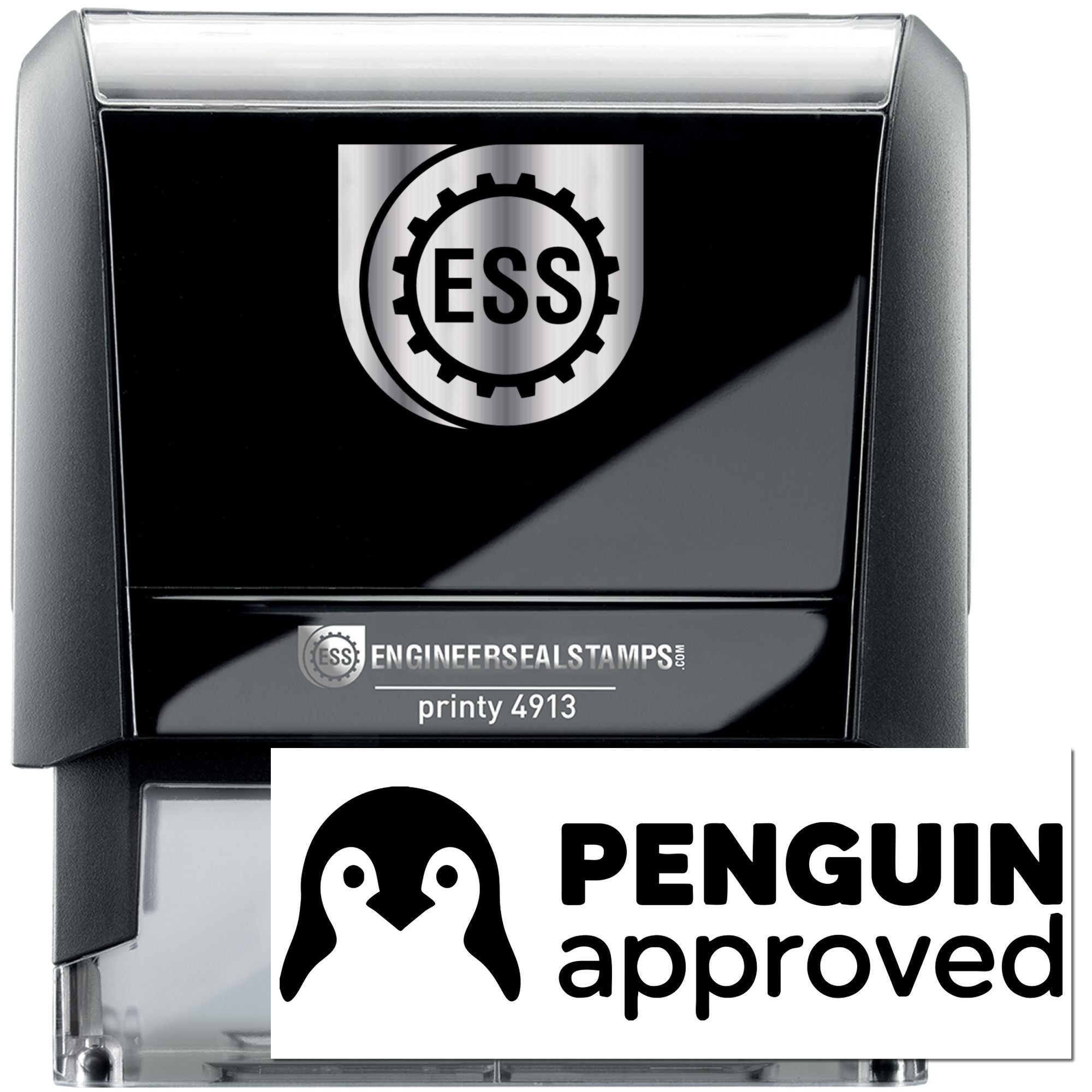 Black self-inking engineer seal stamp with silver top, ESS logo, and Penguin Approved seal.