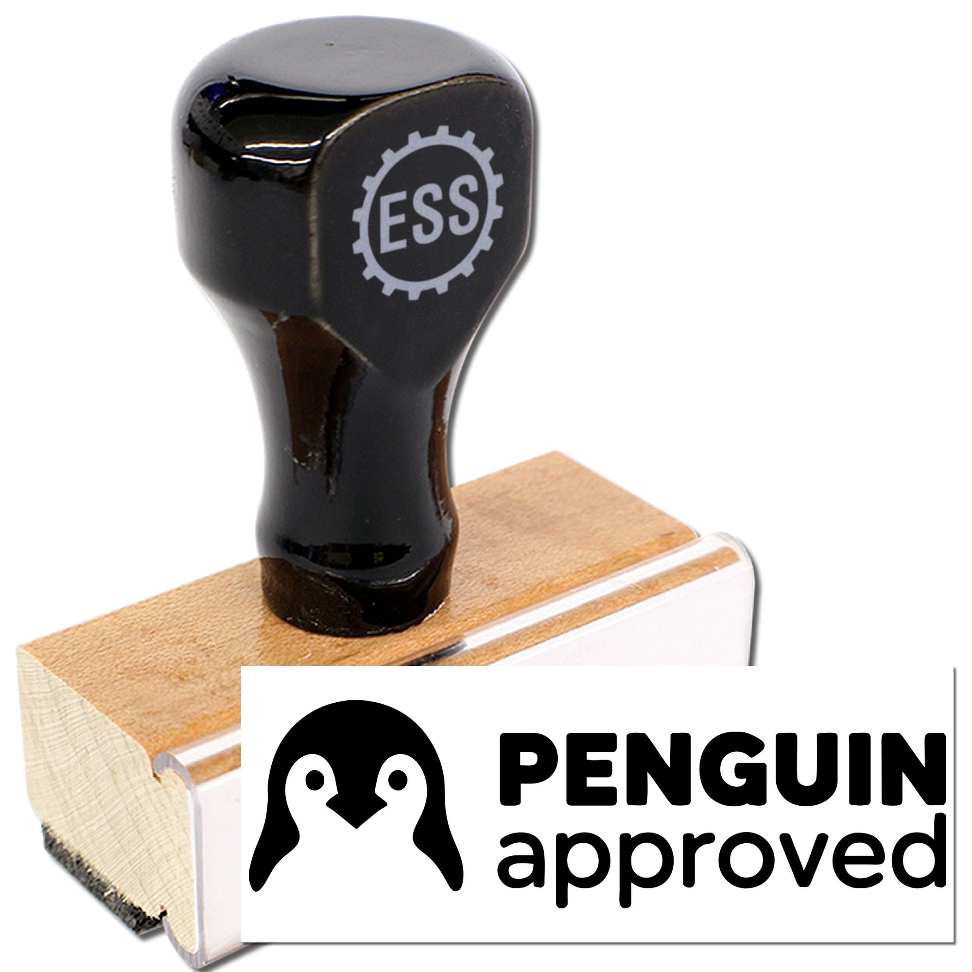 Black ESS rubber stamp on wooden base with Penguin approved seal and white penguin logo