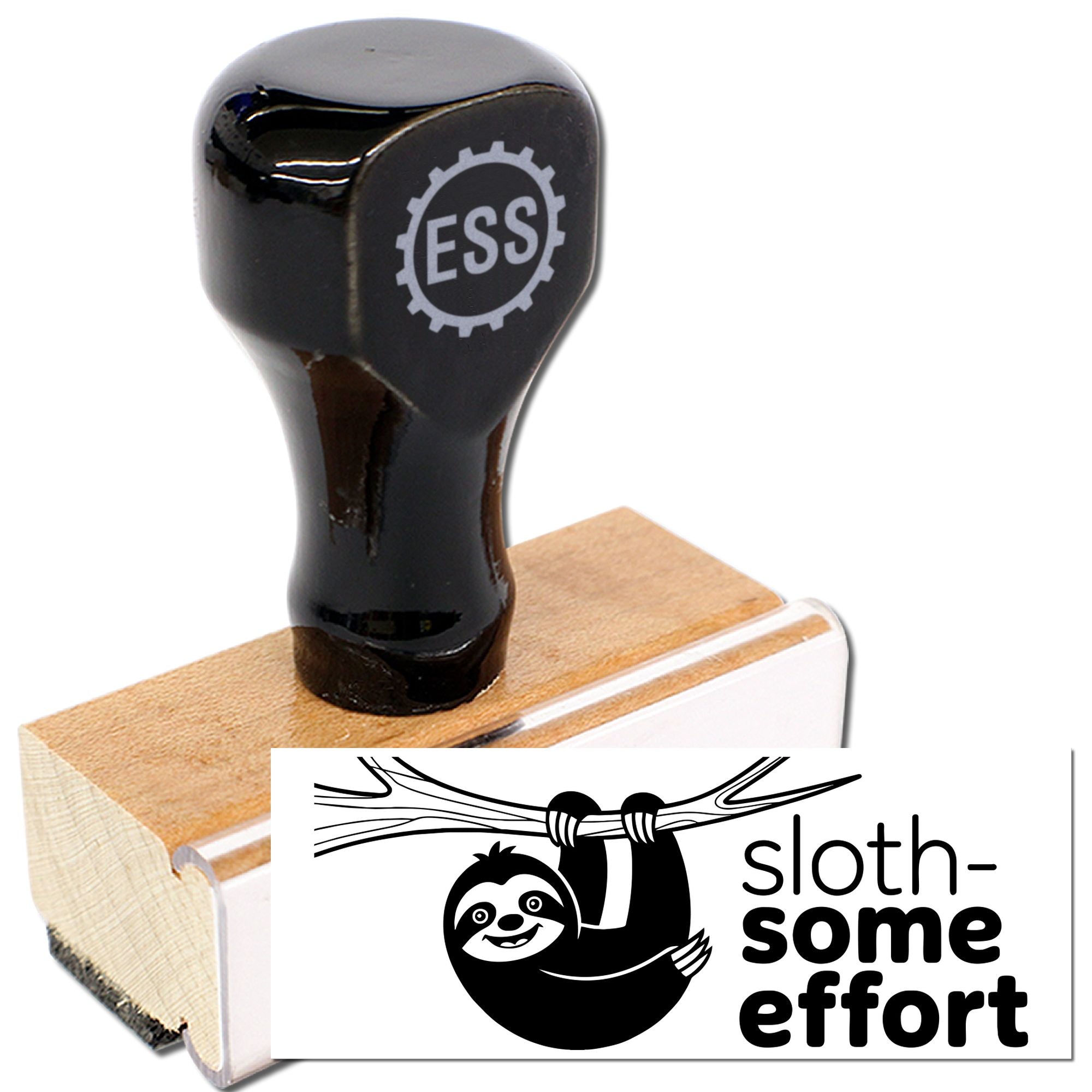 Black ESS rubber stamp seal on wooden block, with sloth-some effort design in black and white.