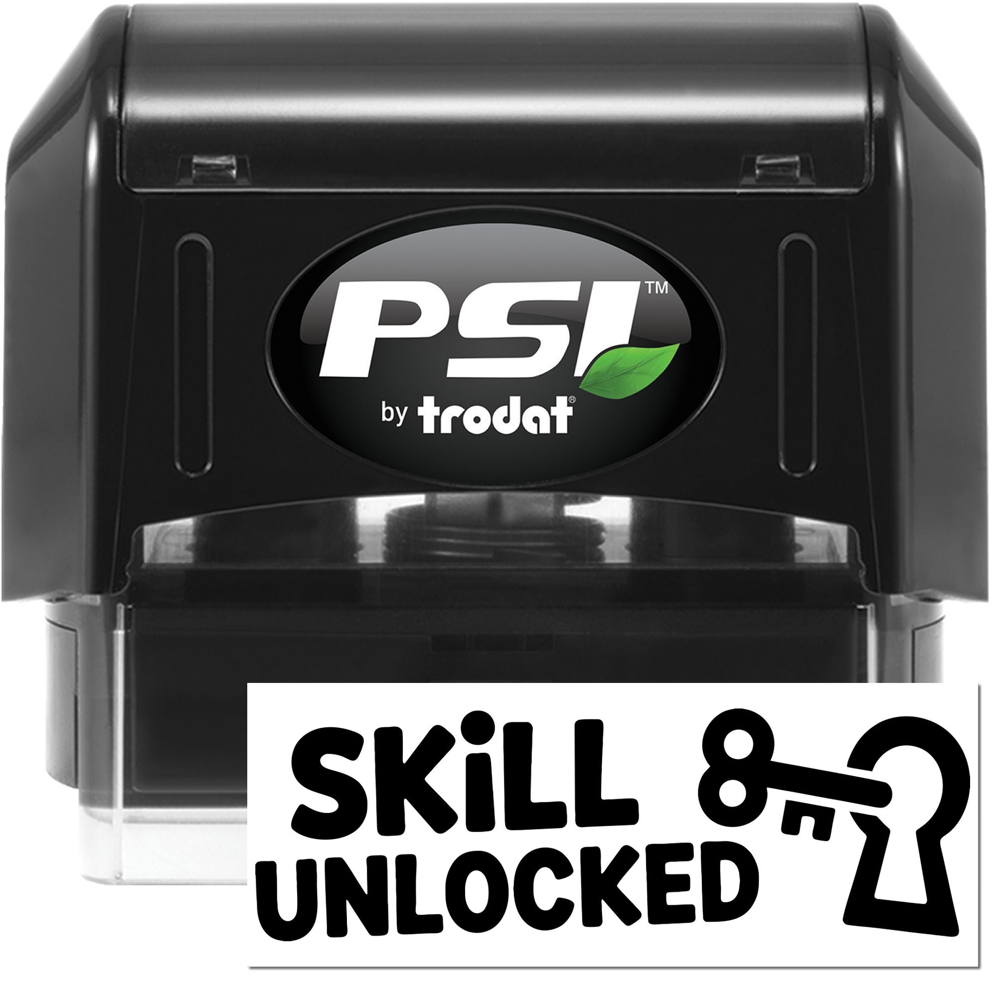 Black PSI by Trodat self-inking stamp and seal with green leaf logo and Skill Unlocked key graphic on white background.
