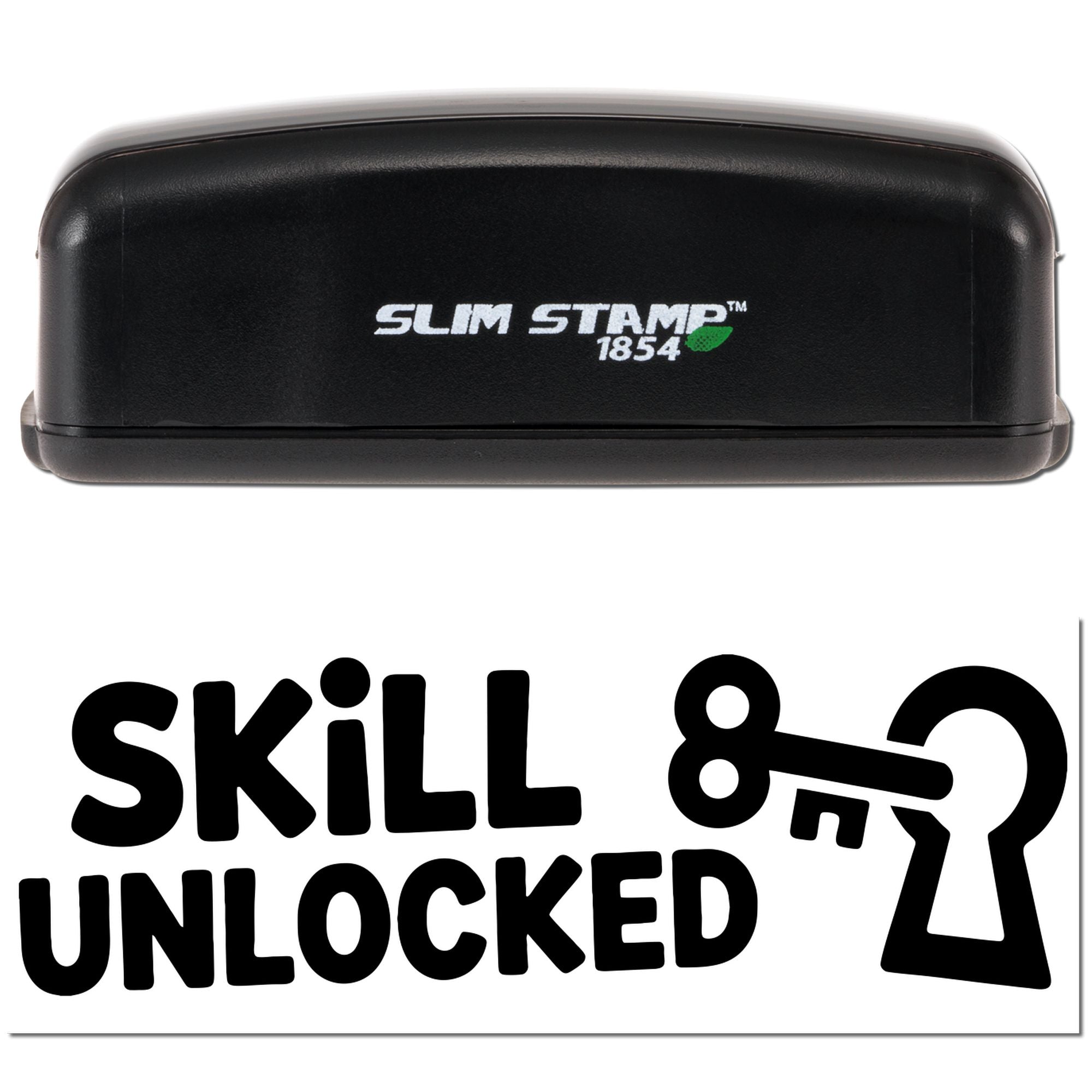 Black Slim Stamp 1854 self-inking stamp and seal with Skill Unlocked text and key icon