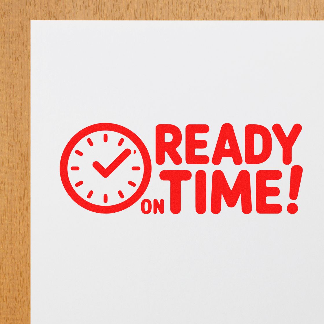 Red Ready on Time! stamp with clock checkmark icon on white paper, for stamp and seal products.