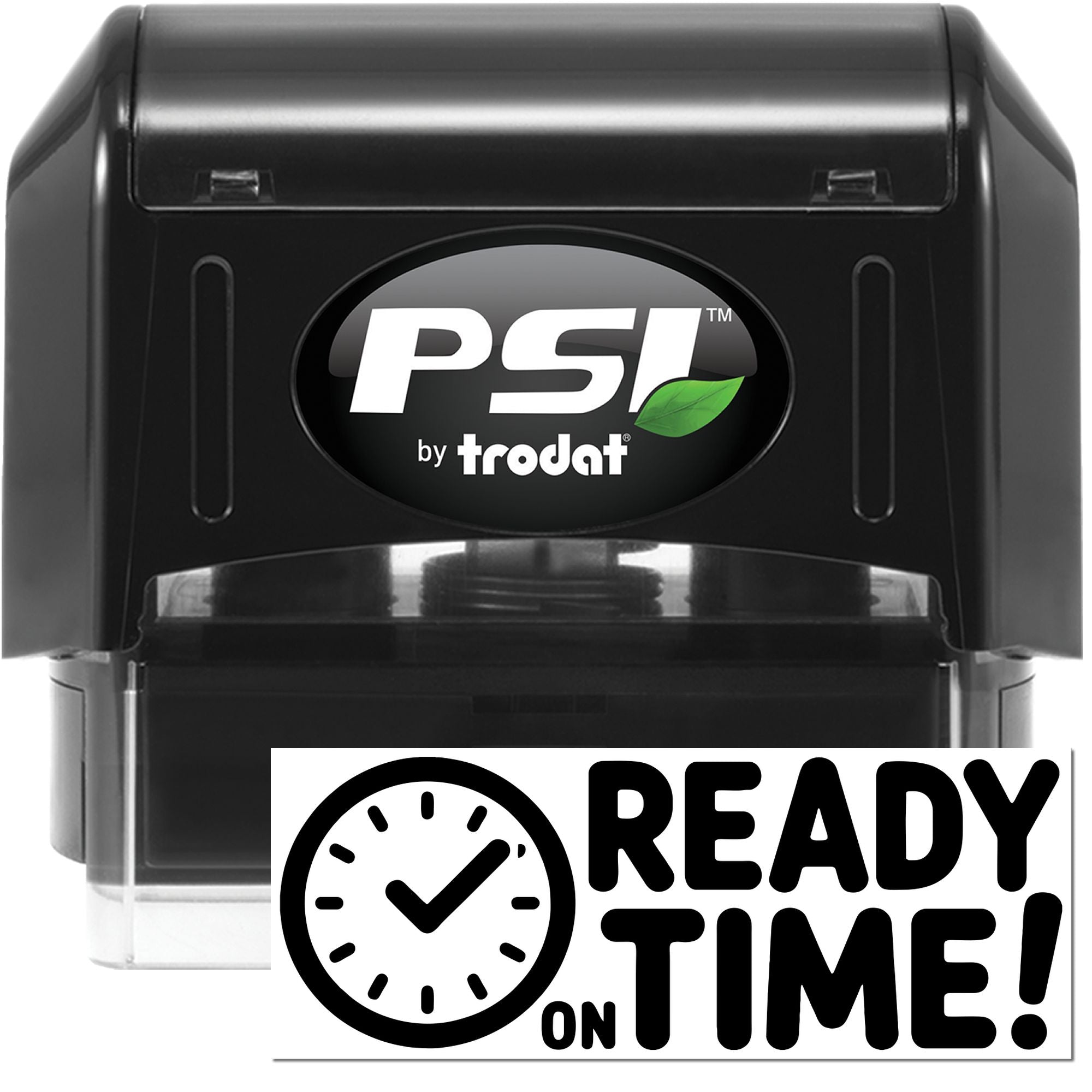 Black PSI by Trodat self-inking stamp and seal, with READY TIME! label, glossy finish, and green leaf logo.